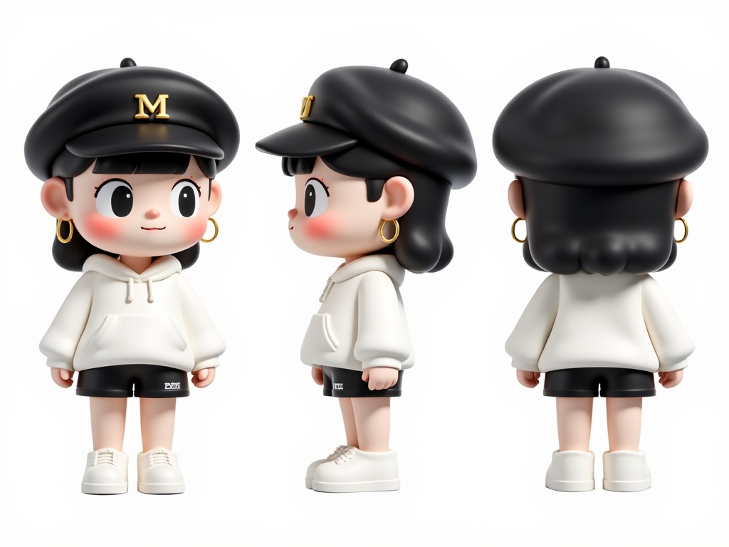 sstsas,Three view style,A 3d rendering of a cute, chibi-style girl with black hair, wearing a white hoodie, black shorts, and white sneakers. She has a small, round face with large, expressive eyes and a small nose. She is wearing a black beret with the letter "M" on it, and large gold hoop earrings. The background is plain white. The girl is standing in three different angles, facing the same direction. The image is high quality, with a smooth, polished finish.<lora:s-t-三视图设计-S1.4:1>