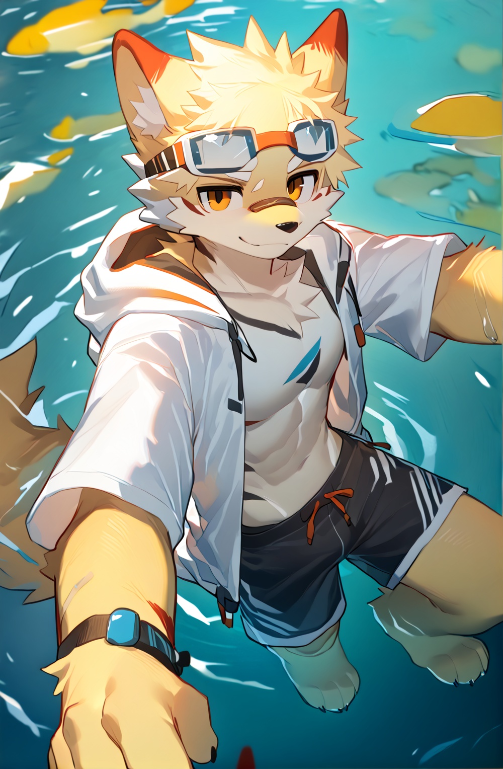 masterpiece,best quality,solo,by milkytiger1145,by littleblackalas,anime style,furry,Wolf,white shirt,open clothing,swimming trunks,swimming goggles, (looking aside:1.2),floating,upper body,selfie,onnk,source_furry,anthro,body fur,