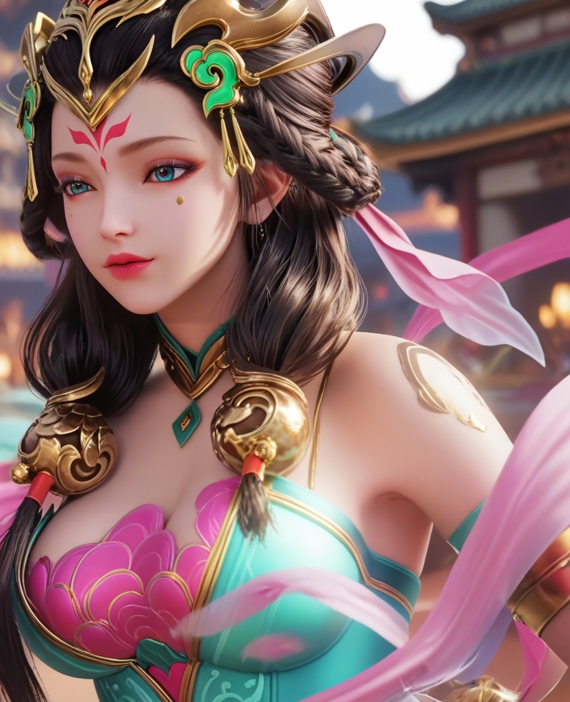 (oriental architecture, elegant decor, sophisticated style:1.1),(arching her back:1.1),(large breasts:1.2),(veil:1.1),<lora:XL16王者荣耀杨玉环:0.95>,miss yangyuhuan,green stain mermaid evening gown,pink bra,blue eyes,mole under eye,eyeshadow,forehead mark,black hair,long hair,braid,hair ornament,makeup,bare shoulders,pink silk shawl,bracelet,belt,anklet,, score_9,score_8_up,score_7_up,score_6_up,score_5_up,score_4_up,3d rendering,tag1,tag2, Cinematic Lighting,backlighting,, zPDXL3, zPDXL2,zPDXL, zPDXLxxx, zPDXLrl,