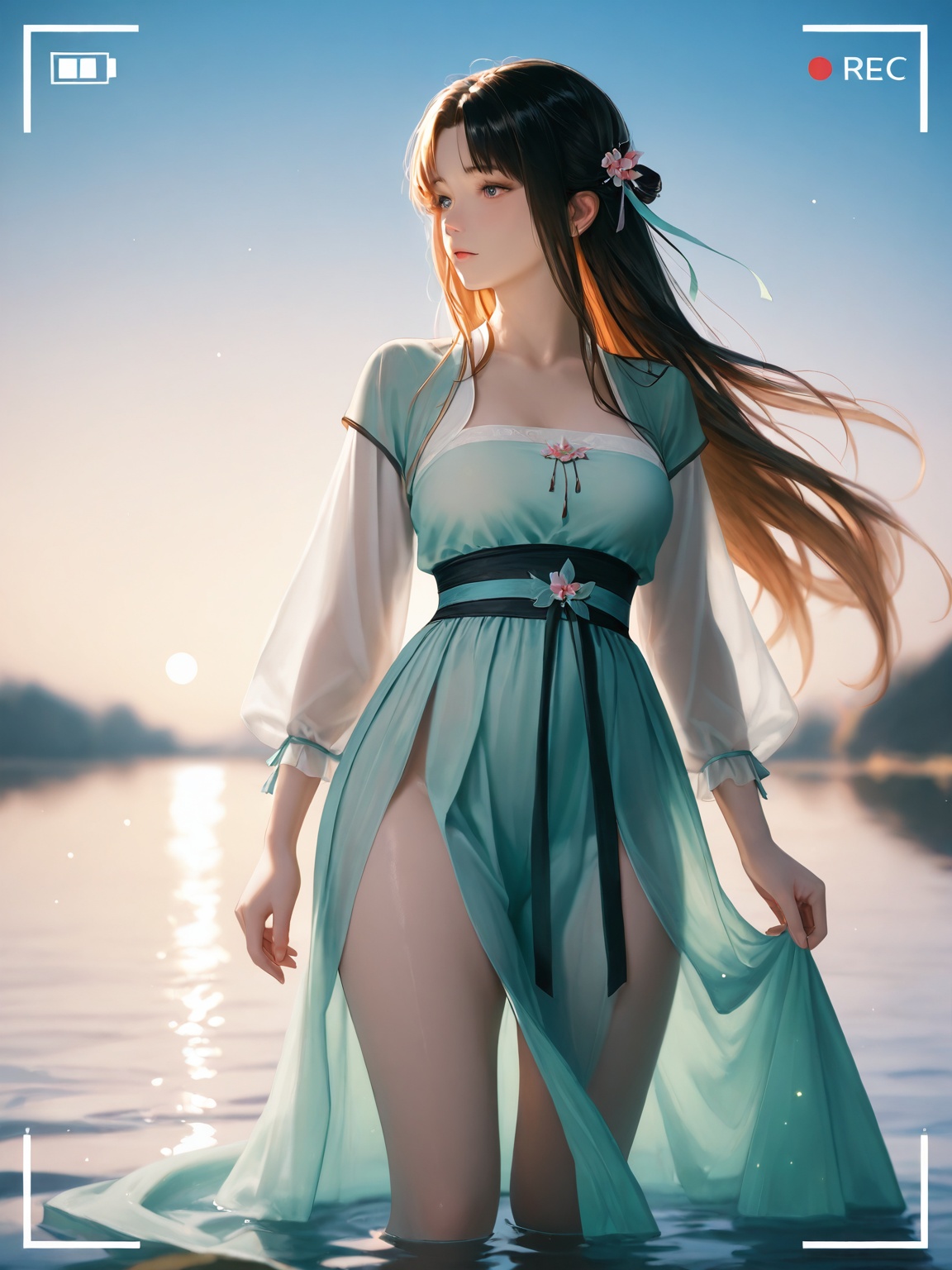 realistic,2.5D,photorealistic,masterpiece,best quality,amazing quality,very aesthetic,absurdres,newest,Viewfinder,a hanfu girl,gentle eyes,Showing off her slender thighs,delicate Chinese hanfu,peaceful,firefly,Depth of Field,Soft light BREAK Deep blue sky,Black Water,her elegant silhouette outlined against the dark night sky. ethereal glow.,