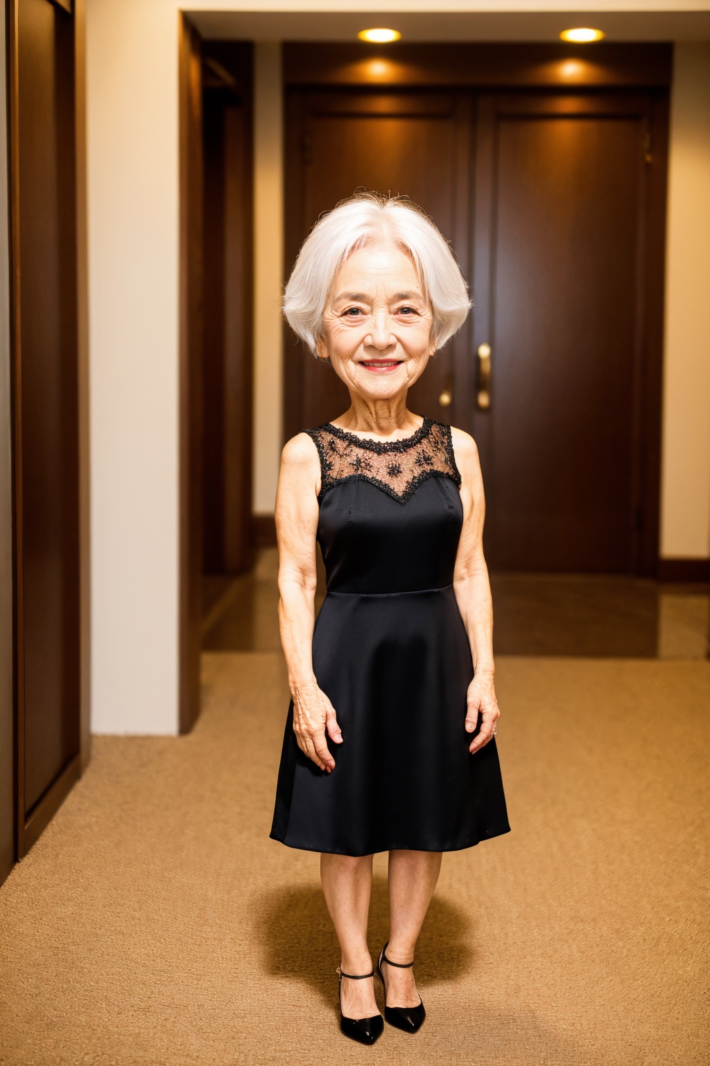 old woman, solo, film grain, realistic, photorealistic, white hair, dress, brown eyes, black dress, smile, standing, looking at viewer, full body, chibi, shoes, sleeveless dress, indoors, 