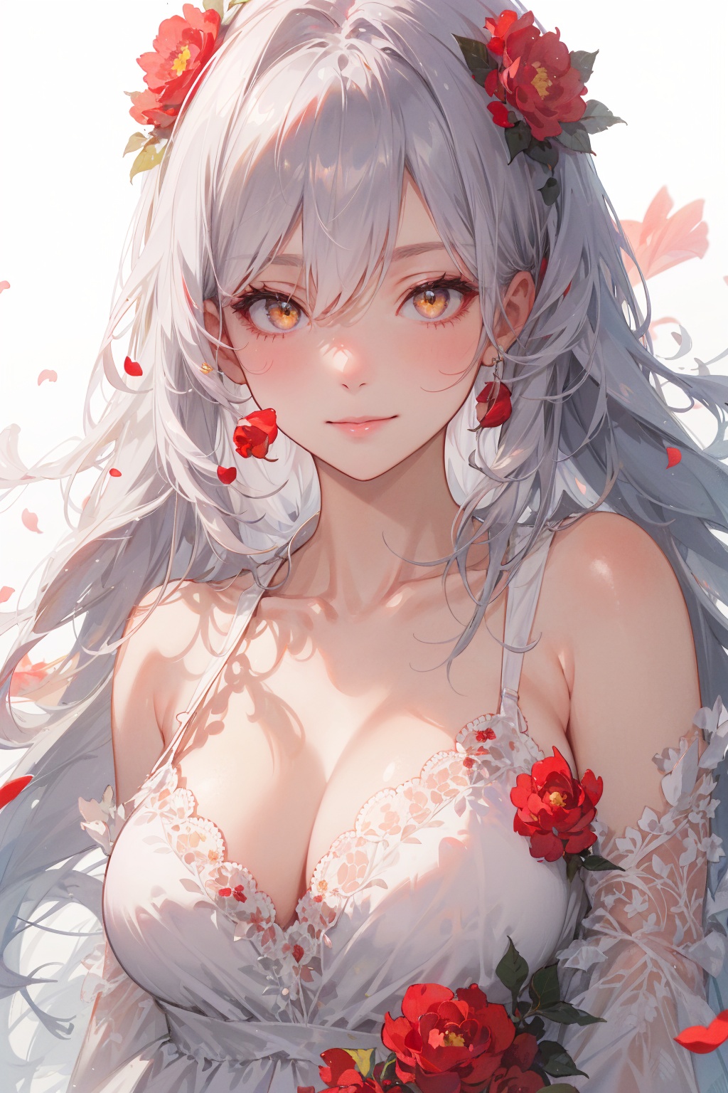 masterpiece,best quality,1girl,solo,looking at viewer,silver hair,yellow eyes,beautiful and detailed face,evil smile,upper body,collarbone,collarbone,large breasts,white long translucent night gown,expressionless,hair cover one eye,long hair,red hair flower,standing,blood,(plenty of red petals:1.35),white background,simple background