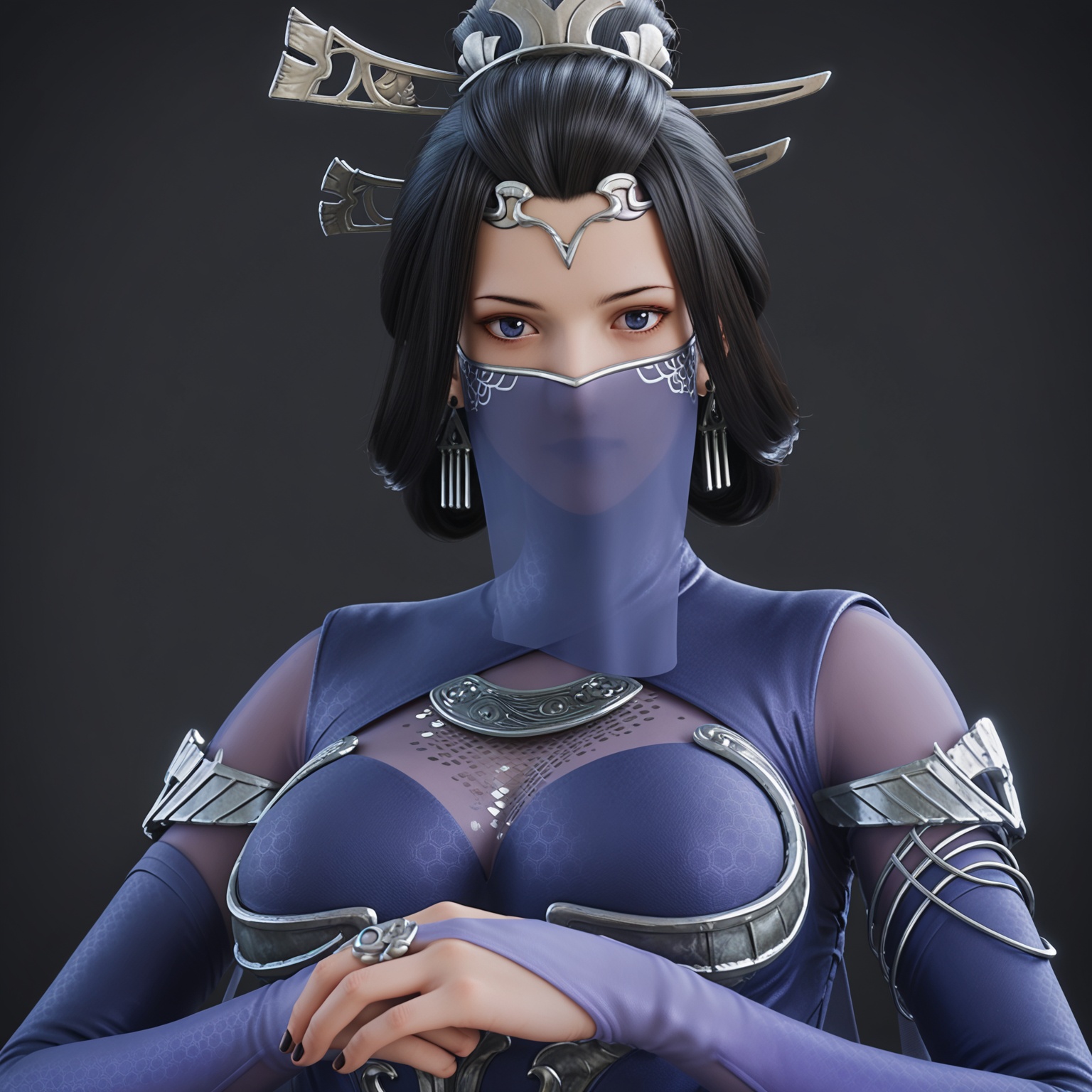 1girl,solo,<lora:ponyyoujiV1:0.8>,veil,mouth_veil,black_hair,hair_ornament,score_9,breasts,medium_breasts,dress,jewelry,covered_mouth,brown_hair,black_eyes,blue_eyes,armor,earrings,long_hair,blue_dress,bridal_gauntlets,detached_sleeves,single_hair_bun,hair_stick,headdress,long_sleeves,purple_eyes,hair_bun,realistic,black_nails,cleavage,long_dress,makeup,BREAK score_9,upper_body,portrait,shiny_skin,looking at viewer,cinematic lighting,volumetric lighting,solo focus,(huge breasts:0.9),(simple background,pure black background,black background:1.1),