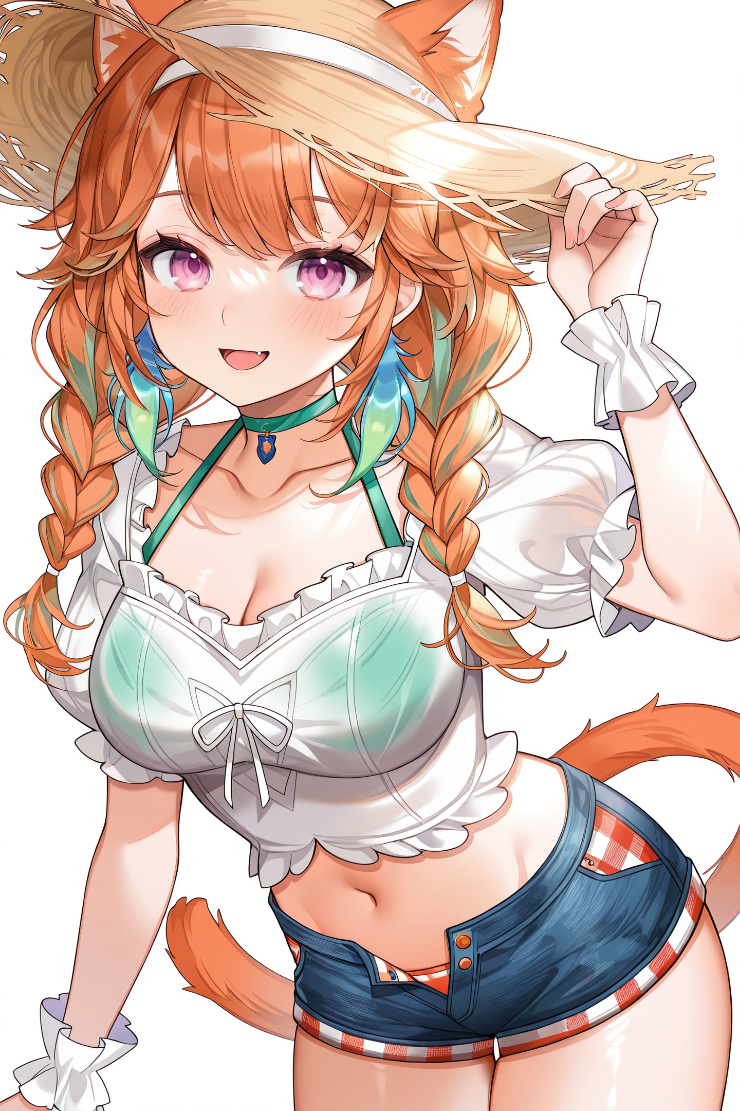 Machi Style,1girl,takanashi kiara \(casual\),virtual youtuber,takanashi kiara,tail,solo,straw hat,shorts,cat tail,hat,cat ears,orange hair,breasts,animal ears,bikini under clothes,open mouth,twin braids,white background,purple eyes,looking at viewer,braid,smile,swimsuit,official alternate costume,bikini,shirt,navel,multicolored hair,medium breasts,white shirt,simple background,open fly,blue shorts,choker,midriff,short shorts,long hair,short sleeves,cowboy shot,frills,:d,cat girl,wrist cuffs,aqua bikini,cleavage,feathers,collarbone,brown headwear,jewelry,hand on headwear,puffy sleeves,hairband,denim shorts,fang,thighs,green choker,<lora:Machi_illustriousXL:1>,