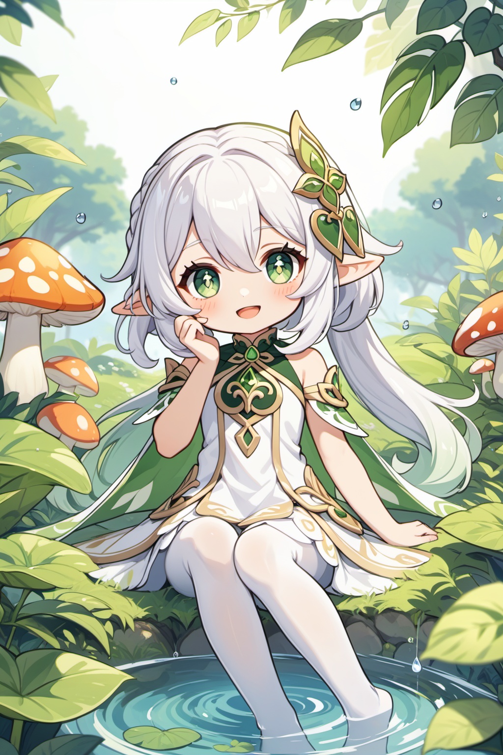 1girl,nahida (genshin impact),solo,green eyes,pointy ears,side ponytail,symbol-shaped pupils,hair ornament,looking at viewer,white hair,bangs,smile,multicolored hair,long hair,blush,dress,gradient hair,hair between eyes,open mouth,braid,plant,mushroom,detached sleeves,green hair,white dress,:d,sidelocks,bare shoulders,outdoors,cross-shaped pupils,sitting,sleeveless,leaf hair ornament,sleeveless dress,blurry,white pantyhose,hand up,nature,jewelry,knee up,water drop,Character,, masterpiece,best quality,very aesthetic,absurdres,