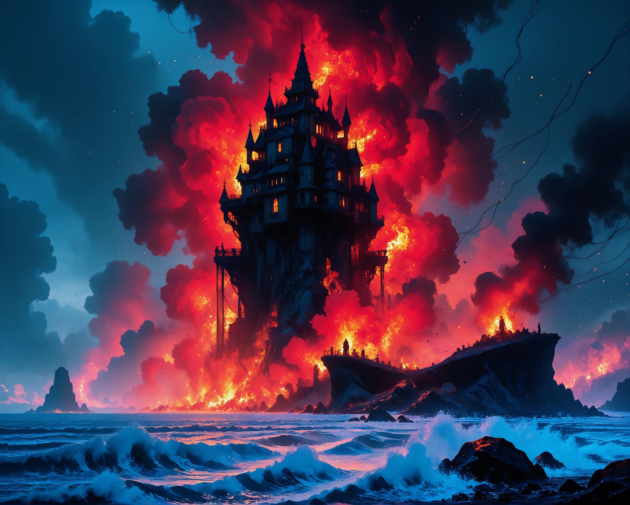 A wide shot of a dramatic cinematic fantasy landscape,  POV from the open ocean looking toward a fully isolated volcanic i...