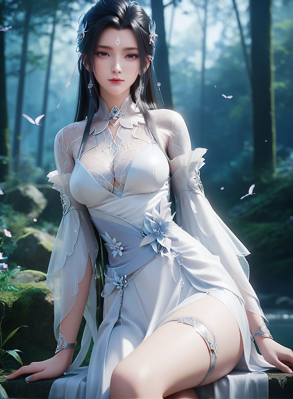 score_9,score_8_up,score_7_up,1girl,long hair,breast,medium breast,hair_ornament,dress,thick_thighs,black hair,forehead_mark,<lora:wy_luxueqi_XL7.0:0.8>,blurry,blurry background,sitting,depth of field,looking at viewer,gaden,flower,Dreamy forest,