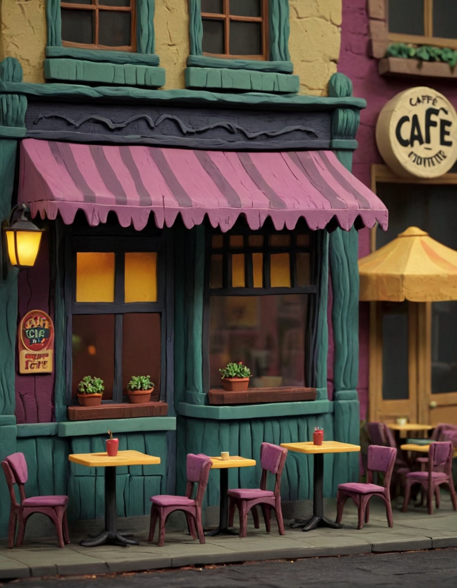 novuschroma51 style exterior of a cafe claymation on Tensor.Art