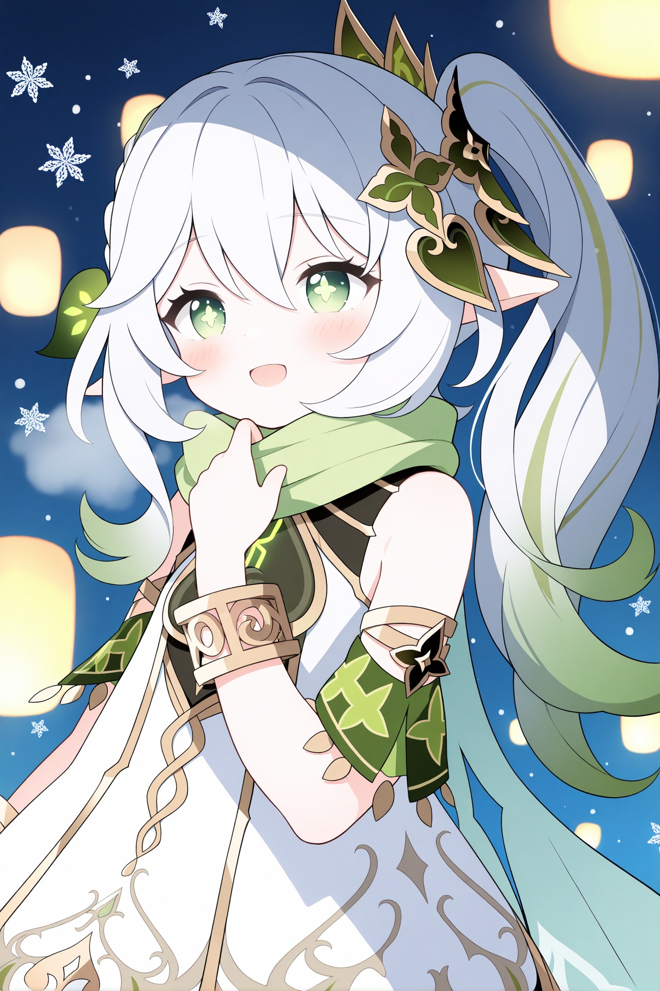 ,masterpiece,best quality,very detailed,4k,8k,Nahida(genshin impact),1girl,pointy ears,green eyes,hair ornament,side ponytail,solo,white hair,long hair,bangs,multicolored hair,symbol-shaped pupils,green hair,hair between eyes,bracelet,jewelry,cross-shaped pupils,leaf hair ornament,anime,ultra hd 32k,Open one's mouth,Cat's ears,mouth smile,blush,maid's dress,shy,chibi,White cat ears,Simple background,loli,christmas dress with fur trim,knit scarf and mittens,snowflakes in hair,magical winter forest background,northern lights in sky,glowing lanterns,crystalline ice formations,catching snowflakes,wonder-filled expression,rosy cheeks,steam from breath,nighttime scene,ethereal blue lighting,snow particles in air,bokeh effects,