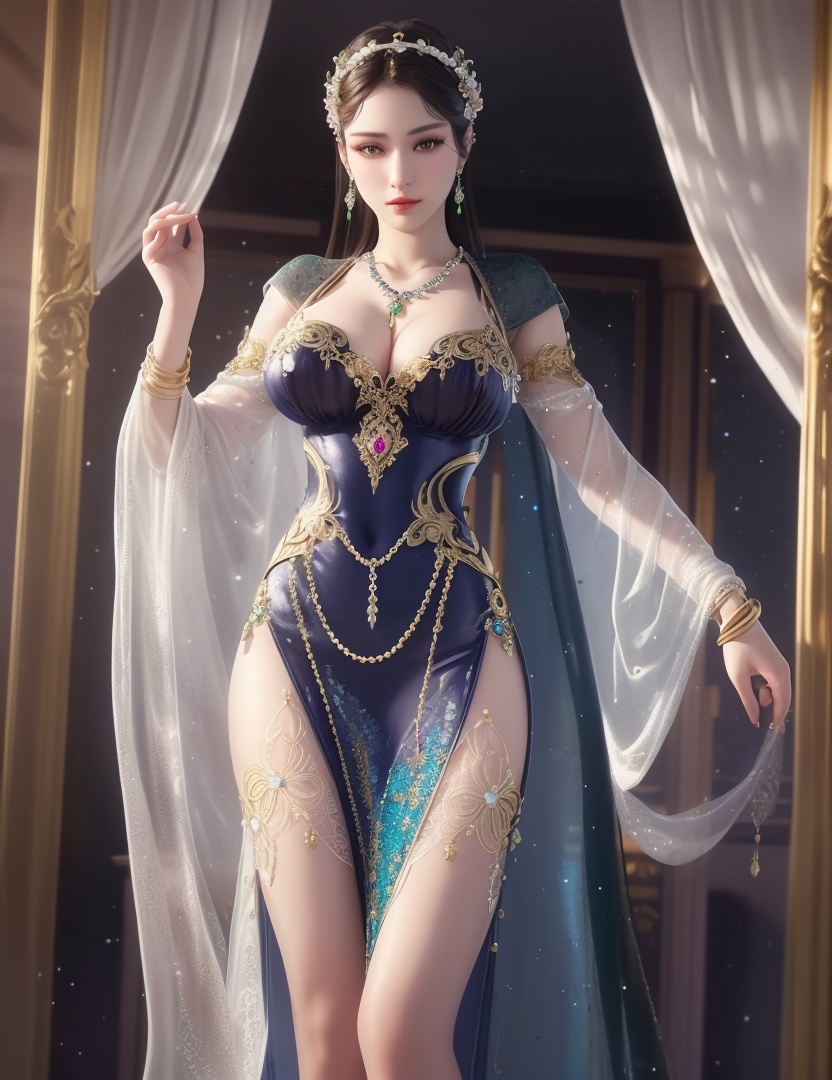 ultra realistic 8k cg, picture-perfect face, flawless, clean, masterpiece, professional artwork, famous artwork, cinematic lighting, cinematic bloom, perfect face, beautiful face, fantasy, dreamlike, unreal, science fiction,  beautiful clothes, lace, lace trim, lace-trimmed legwear,  (rich:1.4), prestige, luxury, jewelry, diamond, gold, pearl, gem, sapphire, ruby, emerald, intricate detail, delicate pattern, charming, alluring, seductive, erotic, enchanting, hair ornament, necklace, earrings, bracelet, armlet,halo((,1girl, pov,))(((,  1girl,  solo,looking at viewer, ))),(((1girl, solo, dress, jewelry,large breasts, )))<lora:DA_WhiteSnakeGreenSnake:0.7>