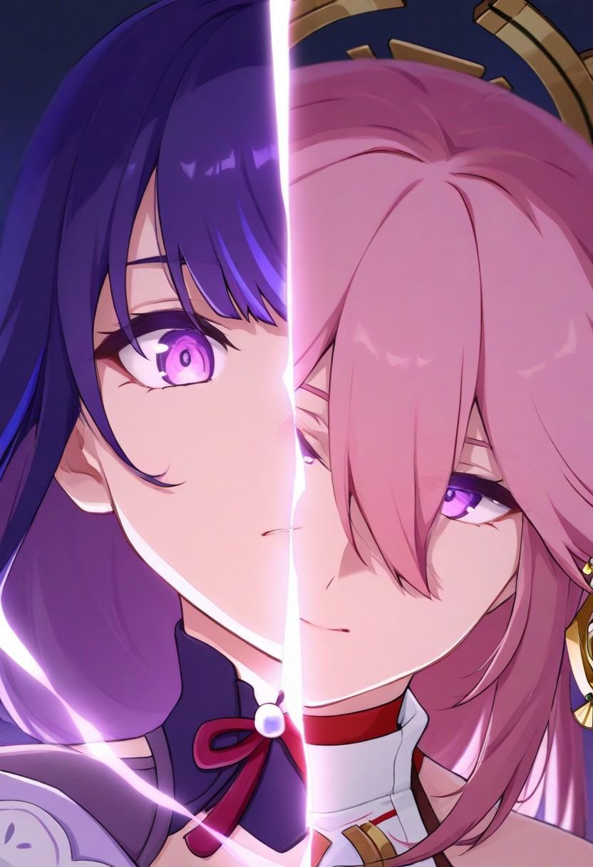 2girls,((horizontal lineup)),yae miko,raiden shogun, dark background,anime coloring,masterpiece, absurdres,rays,masterpiece, best quality, ultra-detailed, very aesthetic, sharp focus, depth of field, vibrant colors, ray tracing, best lighting, detailed illustration, detailed background, cinematic, beautiful face, beautiful eyes