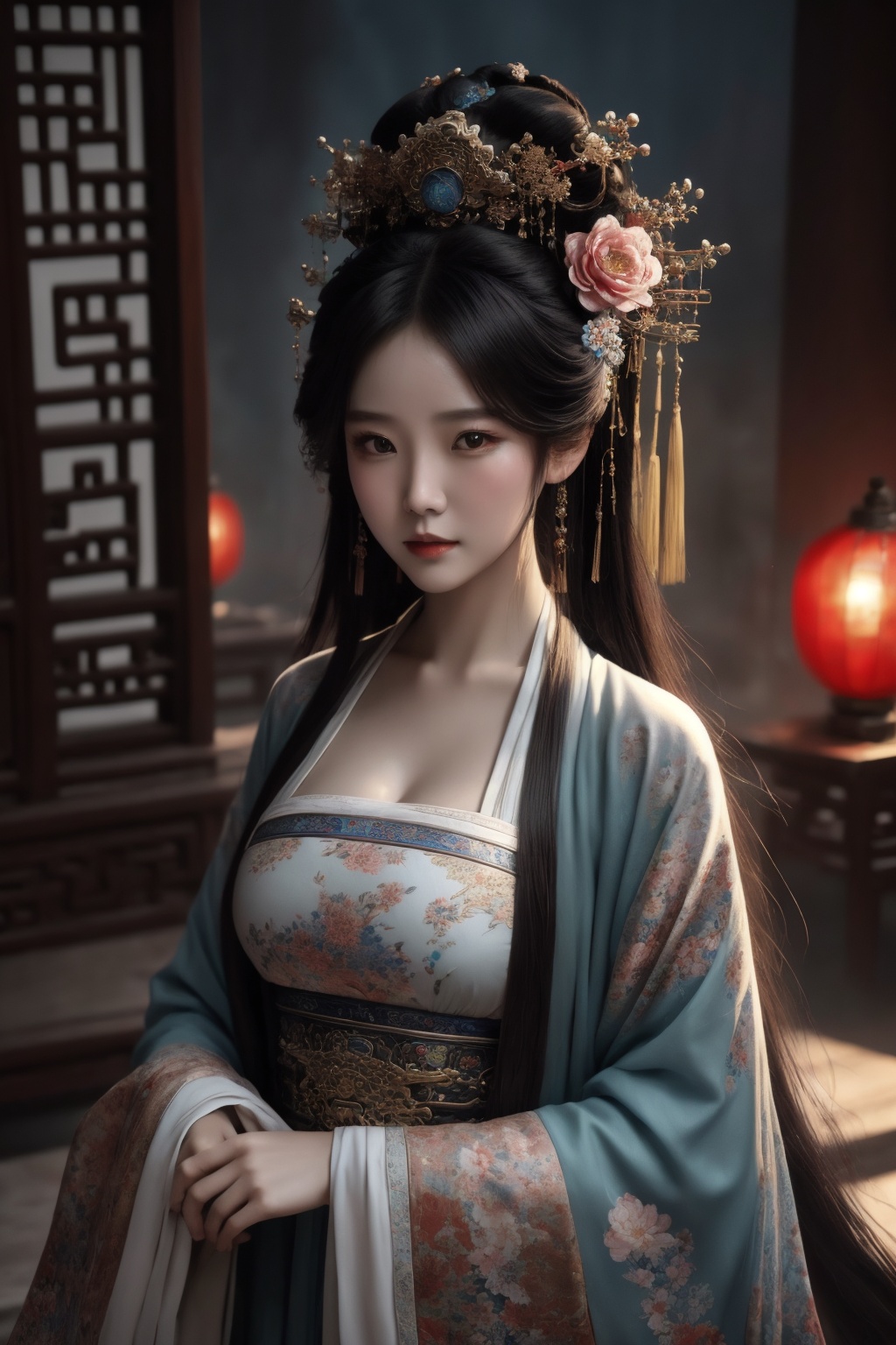masterpiece,best quality,highly detailed,Amazing,finely detail,extremely detailed CG unity 8k wallpaper,score:>=60,1girl,chang,(hanfu:0.8),long sleeves,(cleavage:0.7),east asian architecture,upper body,