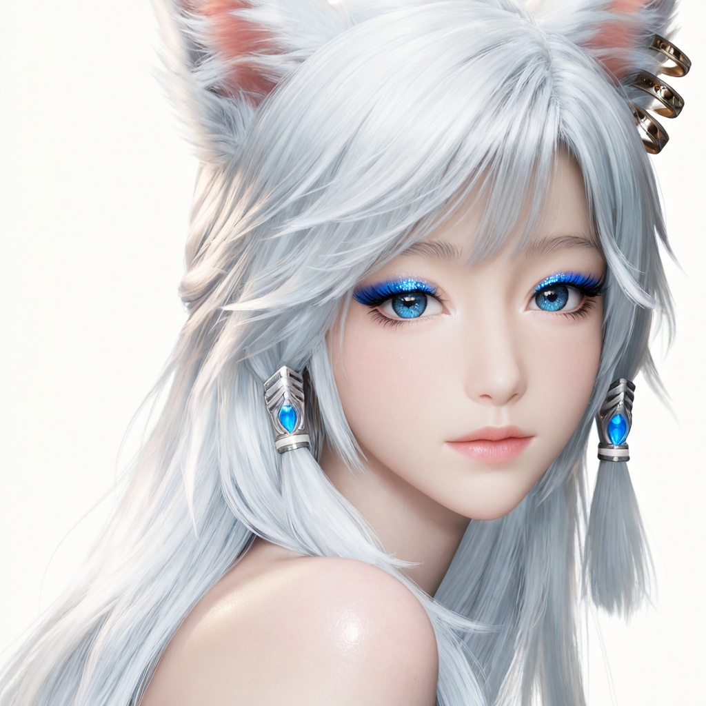 masterpiece,high quality,tall,game cg,highres,(soft light:1.2),white_skin,(shiny_skin:0.6),(realistic:1.1),glitter,<lora:银月·衣服百搭款·化妆:0.7>,yinyue,solo,animal ears,blue eyes,1girl,eyelashes,white background,white hair,looking at viewer,earrings,simple background,long hair,jewelry,fox_ears,makeup,lips,eyeshadow,hair tubes,closed mouth,upper_body,bare shoulders,