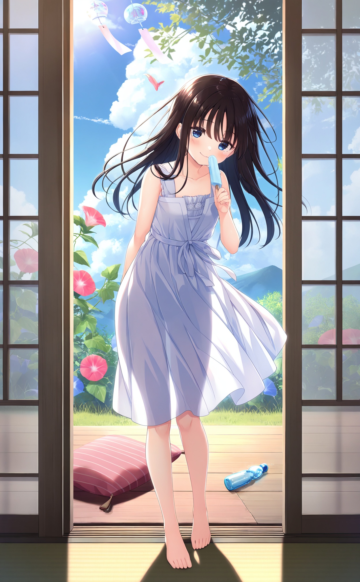 masterpiece,very aware,highres,absurdres,newest,best quality,high quality,loli,petite,chromatic_aberration,//,wind_chime,1girl,dress,watermelon,long_hair,white_dress,day,ramune,sundress,fruit,cloud,barefoot,solo,sleeveless_dress,watermelon_slice,food,sky,morning_glory,summer,tatami,blue_eyes,see-through_silhouette,flower,sleeveless,blue_sky,grass,sliding_doors,bare_arms,standing,looking_at_viewer,outdoors,bare_shoulders,pillow,bottle,blue_flower,zabuton,smile,tree,veranda,collarbone,brown_hair,scenery,indoors,closed_mouth,see-through,water_bottle,cumulonimbus_cloud,cloudy_sky,blush,black_hair,porch,cushion,open_door,mountain,head_tilt,plant,wooden_floor,wind,water,hand_up,full_body,arm_behind_back,popsicle,red_flower,//,<lora:kz——【noob】hans-000002:0.8>,