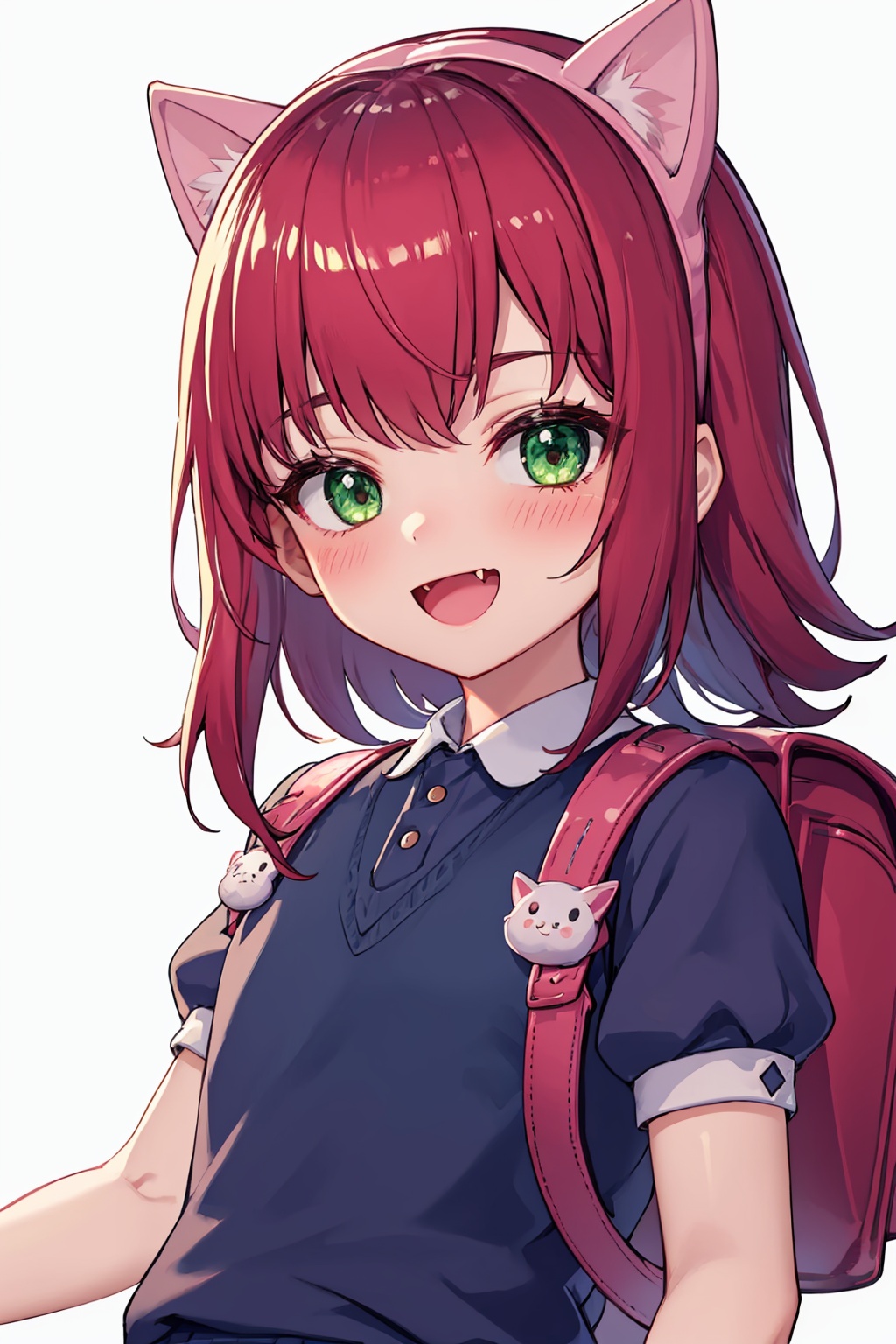 masterpiece,best quality, highly detailed, 1girl,annie (league of legends),solo,puffy short sleeves,backpack,looking at viewer,upper body,open mouth,blush,shiny,:d,fang,simple background,white background,<lora:annie_(league_of_legends):1>
