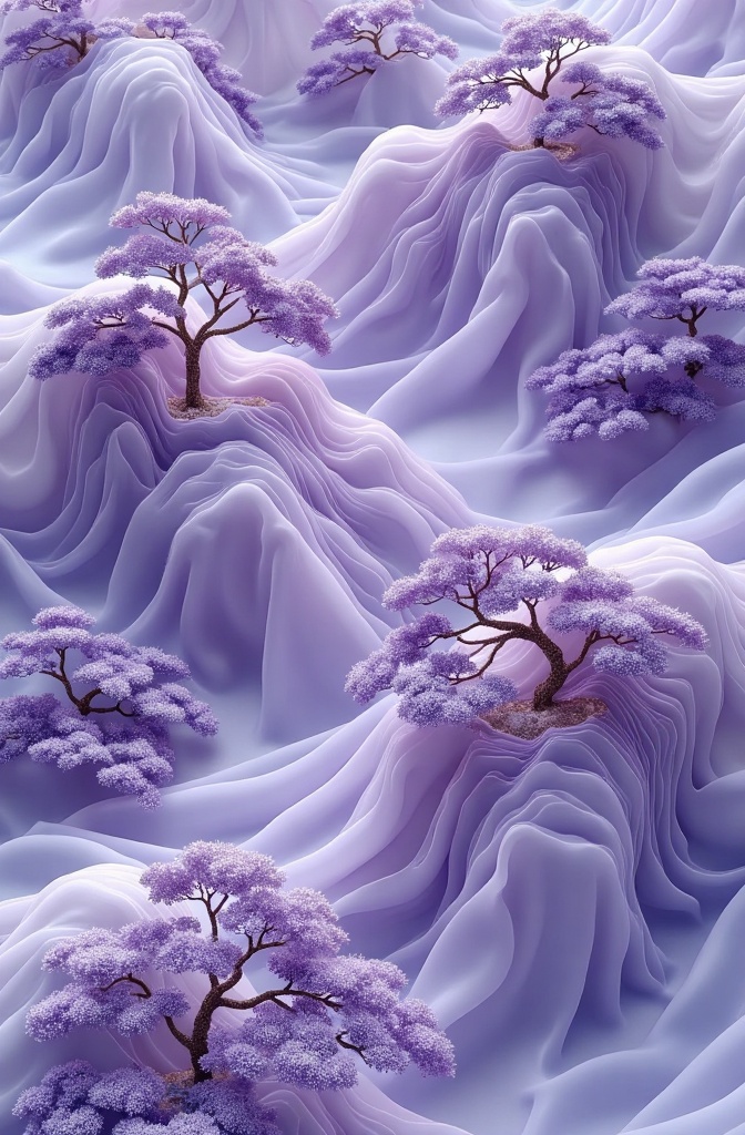 qinghua,qinghua This is a digital CGI artwork depicting a surreal,dreamlike landscape with undulating,lavender-hued hills and valleys. Scattered throughout are delicate,lavender trees with intricate,fluffy foliage. The soft,flowing textures and pastel colors create a serene,ethereal atmosphere. The scene evokes a sense of calm and fantasy.,