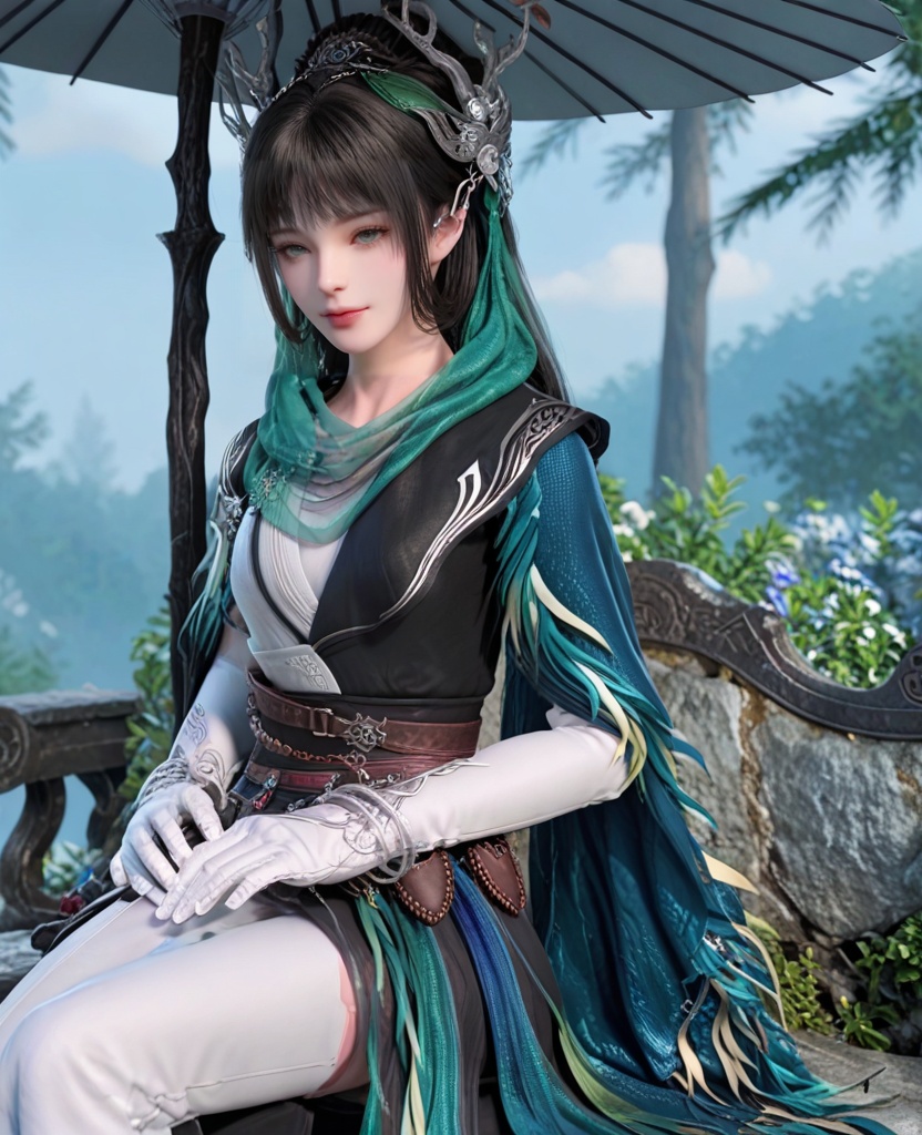 (oriental architecture, elegant decor, sophisticated style:1.1),(Sitting on a bench with legs crossed, smiling at the camera,:1.1),(breasts:1.2),<lora:XL剑网三陈月宗主:0.95>,miss chenyue,dress,black hair,hair ornament,earlock,blunt bangs,white gloves,belt,scarf,bracelet,, score_9,score_8_up,score_7_up,score_6_up,score_5_up,score_4_up,3d rendering,tag1,tag2, Cinematic Lighting,backlighting,