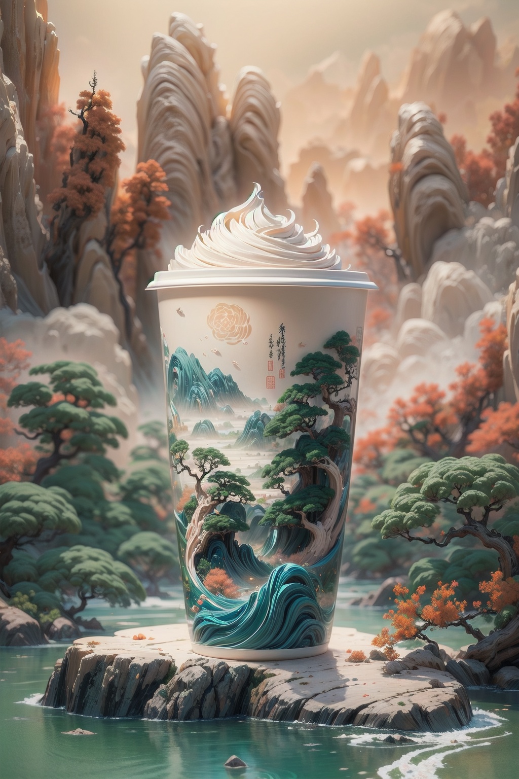 (Masterpiece, high quality, best quality, official art, beauty and aesthetics: 1.2), milk tea cup, surrounded by red rocks, splashing spray, (Chinese landscape paper carving, Chinese Song Dynasty landscape painting: 1.2), (surrealist dream style), cream organic fluid, light tracing, environmental shielding, hazy, natural light, limestone, gel resin sheet, oc rendering, (peach blossom forest background: 1.4),