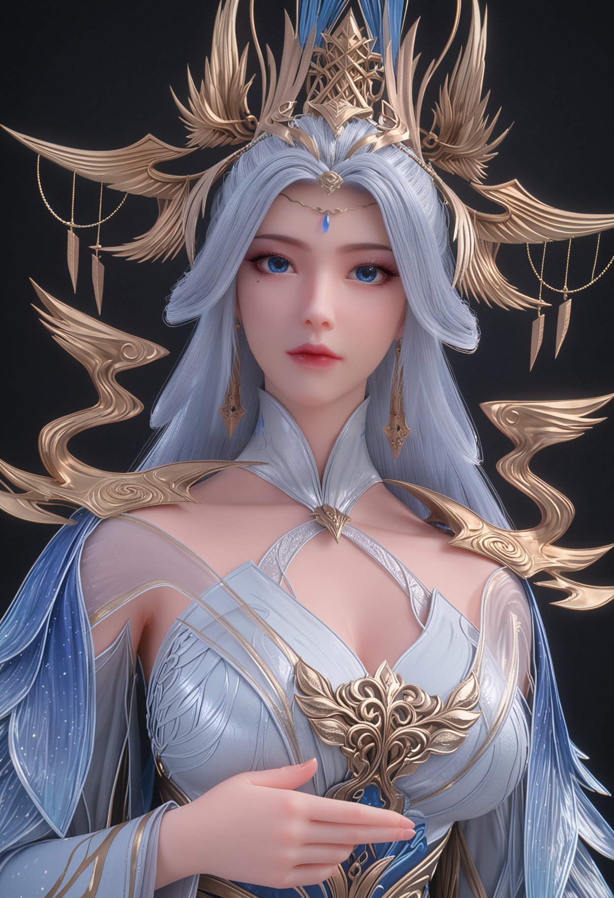 score_9,upper_body,looking at viewer,(large breasts:0.8),1girl,solo,long hair,hair ornament,jewelry,blue eyes,earrings,dress,white hair,blue dress,closed mouth,long sleeves,mole under eye,detached sleeves,makeup,high_heels,(simple background,pure black background,black background:1.1),perfect_anatomy,<lora:QQSponyningyudiedujieV1:0.8>,