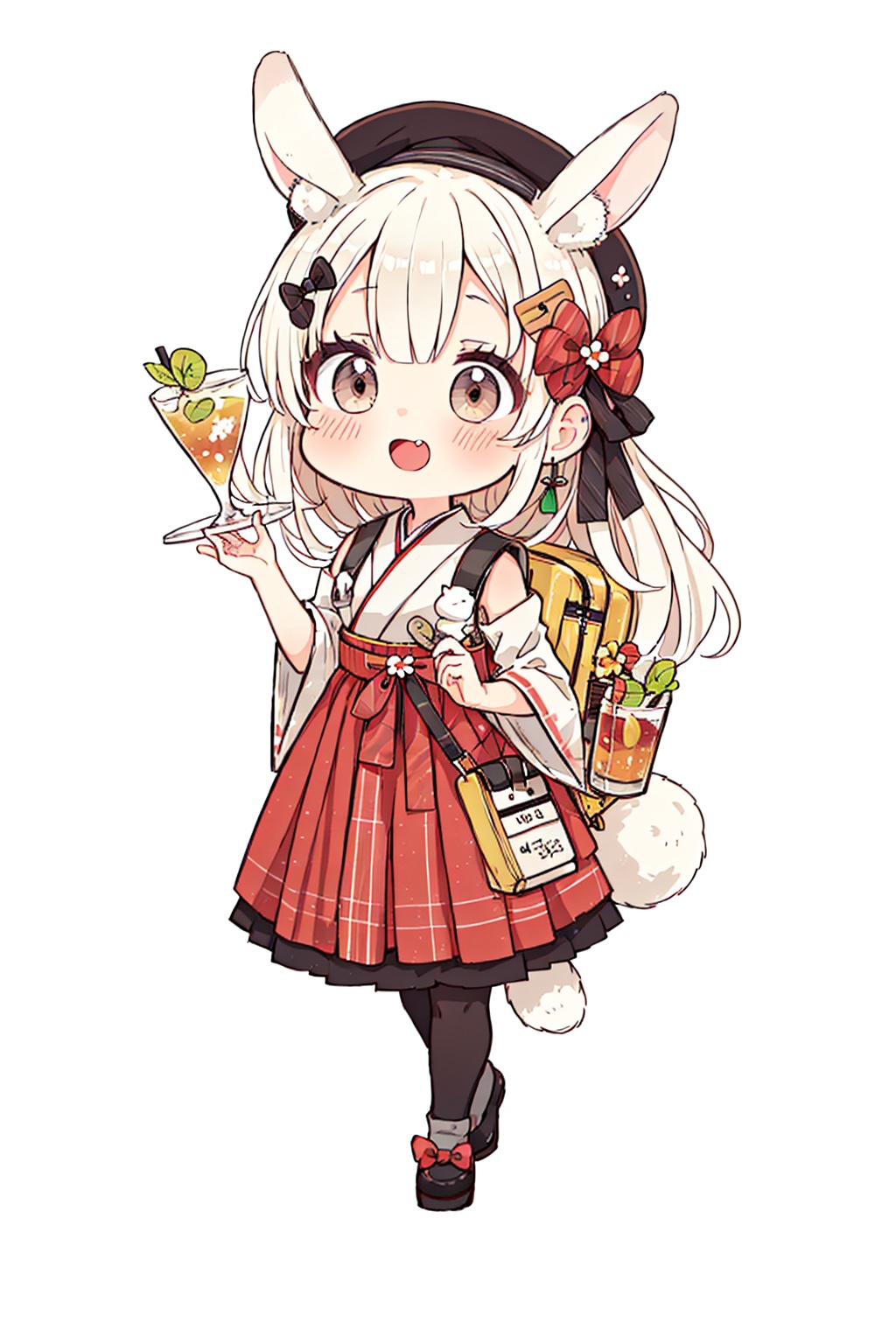 1girl,:o,;d,animal ears,backpack,bangs,black bow,black footwear,black pantyhose,black shirt,blush,bow,brown eyes,brown headwear,chinese clothes,cocktail glass,cup,dress,eyes visible through hair,flower,food-themed hair ornament,frills,full body,green dress,green flower,grey pantyhose,hair bow,hair bun,hair ornament,hairband,hairclip,hakama skirt,hand up,holding,kp,long hair,long sleeves,looking at viewer,open mouth,pantyhose,plaid,plaid skirt,plate,rabbit,rabbit ears,shoes,simple background,sleeveless dress,socks,solo,standing,tail,wavy mouth,white background,white hair,white socks,wide sleeves,<lora:kp_QG:0.8>, kp,