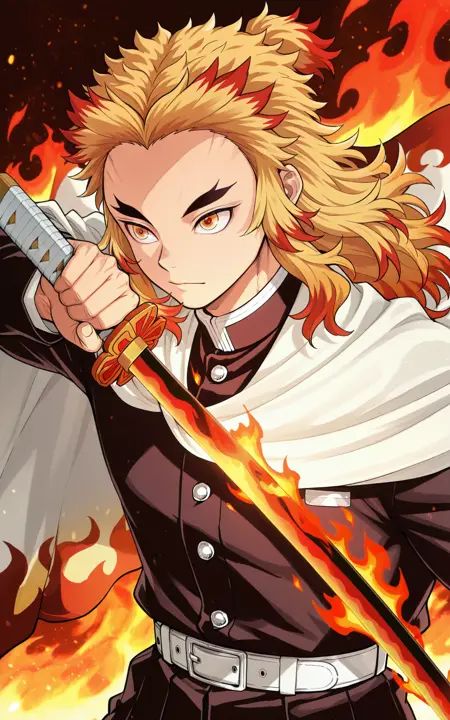 solo, rengoku kyoujurou, 1boy, male focus, blonde hair, forked eyebrows, multicolored hair, sword, weapon, red hair, cape, closed mouth, white cape, fire, upper body, demon slayer uniform, two-tone hair, jacket, long hair, yellow eyes, long sleeves, holding sword, black jacket, holding weapon, katana, thick eyebrows