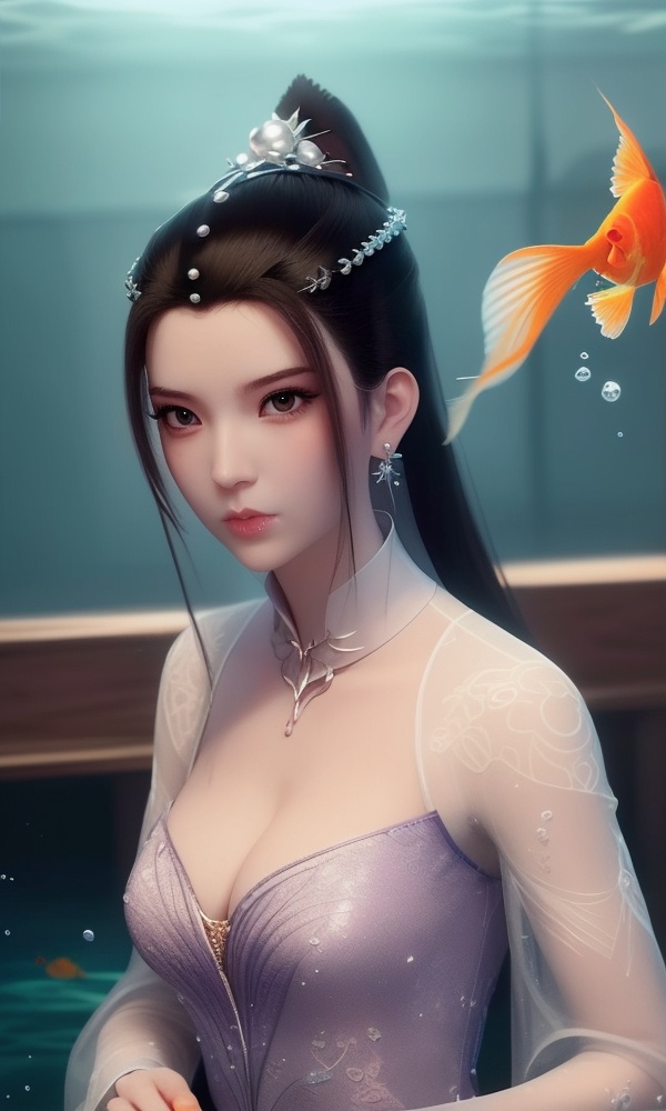 (,1girl, ,best quality, ),looking at viewer, <lora:431-DA-逆天邪神-楚月婵:0.8> ,, ,masterpiece, ((((, solo,  goldfish, ,solo focus, ,underwater, )))) ,ultra realistic 8k cg,   clean, masterpiece,     cinematic lighting, cinematic bloom,  (( , )),, , unreal, science fiction, luxury, jewelry, diamond, gold, pearl, gem, sapphire, ruby, emerald, intricate detail, delicate pattern, charming, alluring, seductive, erotic, enchanting, hair ornament, necklace, earrings, bracelet, armlet,,(cleavage), 