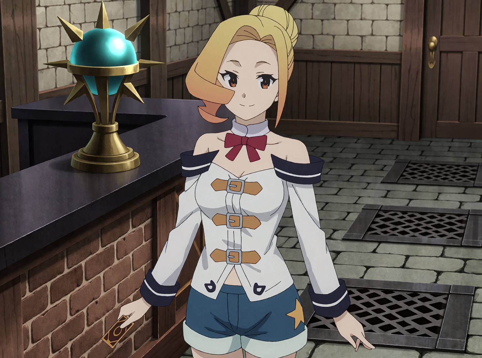 Luna from KonoSuba,  an ***** woman,  stands in the same guild hall with both arms lowered on Tensor.Art
