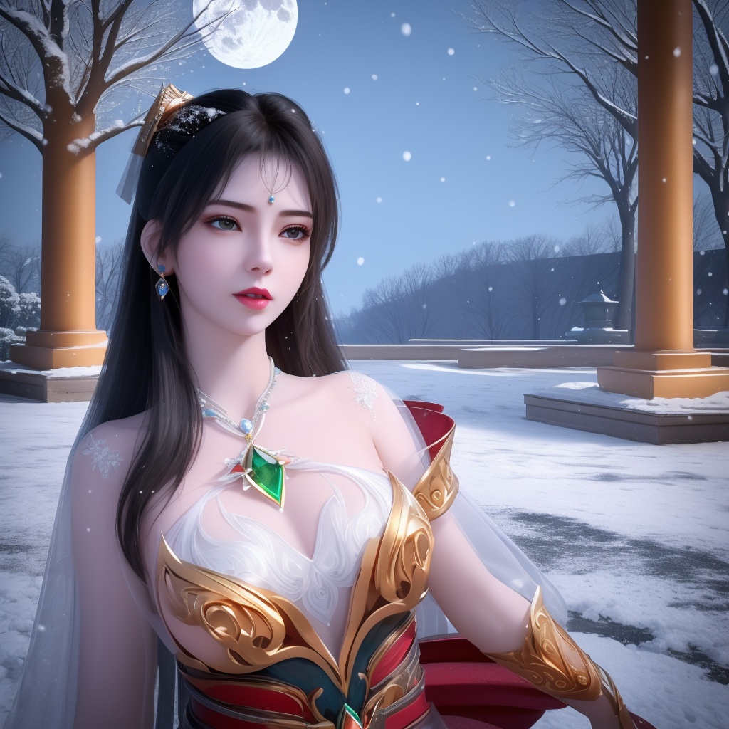 <lora:799-DA-神墓-楚钰:0.8>, (,1girl, ,best quality, ),,  picture-perfect face,   clean, masterpiece,     cinematic lighting, cinematic bloom, fantasy,  , unreal, science fiction, ((,1girl, pov,))(((,tree, 1girl, full moon,snowing,snow ,solo,     solo focus,  long_hair, looking_at_viewer,  )))  (rich:1.4,)     prestige, luxury, jewelry, diamond, gold, pearl, gem, sapphire, ruby, emerald, intricate detail, delicate pattern, charming, alluring, seductive, erotic, enchanting, hair ornament, necklace, earrings, bracelet, ,