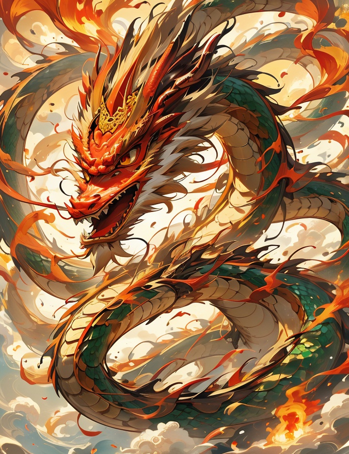 Thick color style, ancient Chinese mythology style, 1 Chinese dragon, solo, surrounded by flames, burners flame,(1 dragon:1.6)
