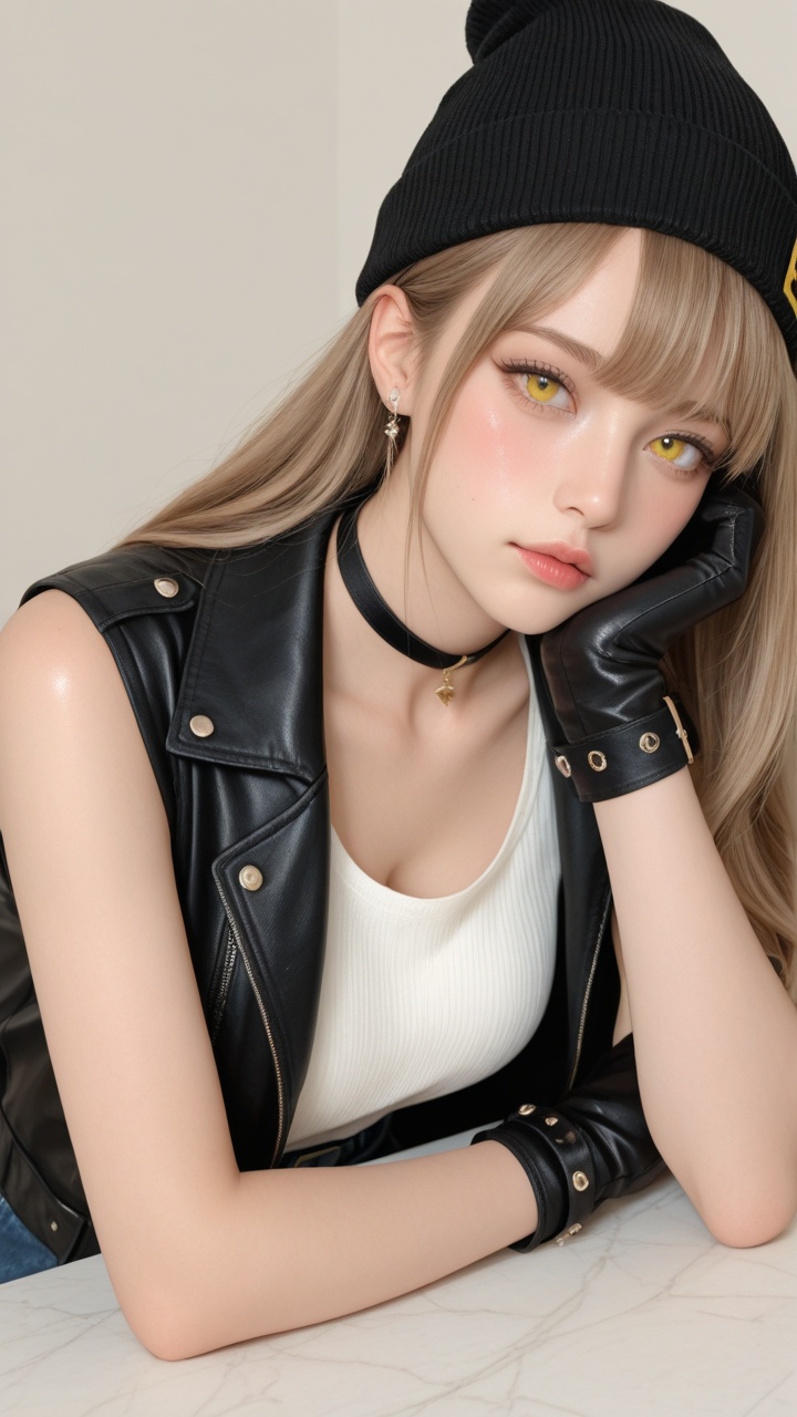 This is a digital anime-style illustration of a young woman with a confident and slightly mischievous expression. She has...