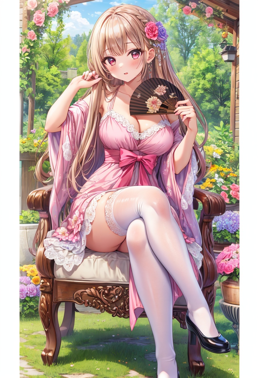 masterpiece,best quality,absurdres,1girl,beautiful detailed girl fine and beautiful detailed skin,extremely detailed beautiful background,CG,8K wallpaper,dress,flower,white thighhighs,holding_fan,sitting,crossed legs,