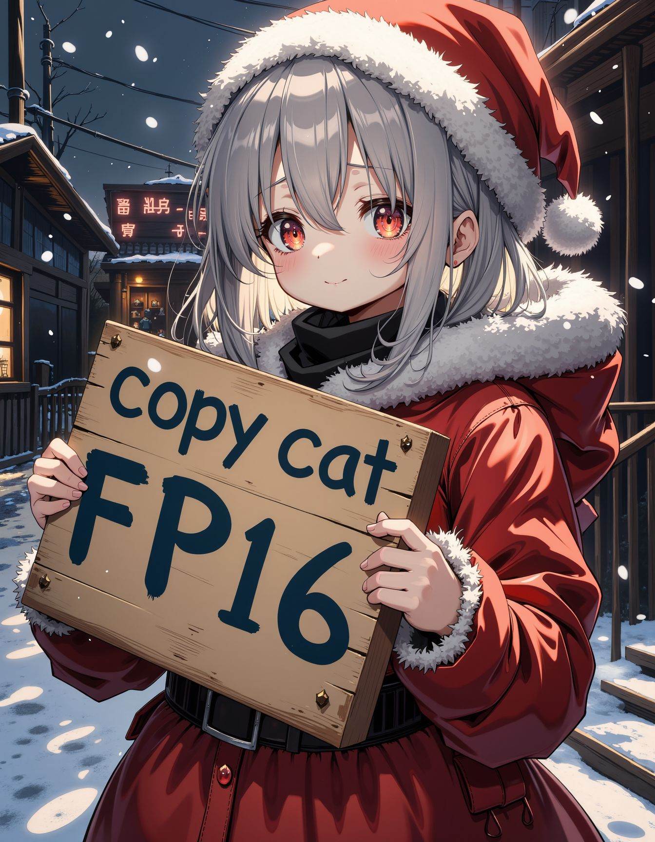 1girl clothed santa costume holding sign with "copycat FP16" written,  snowing on Tensor.Art