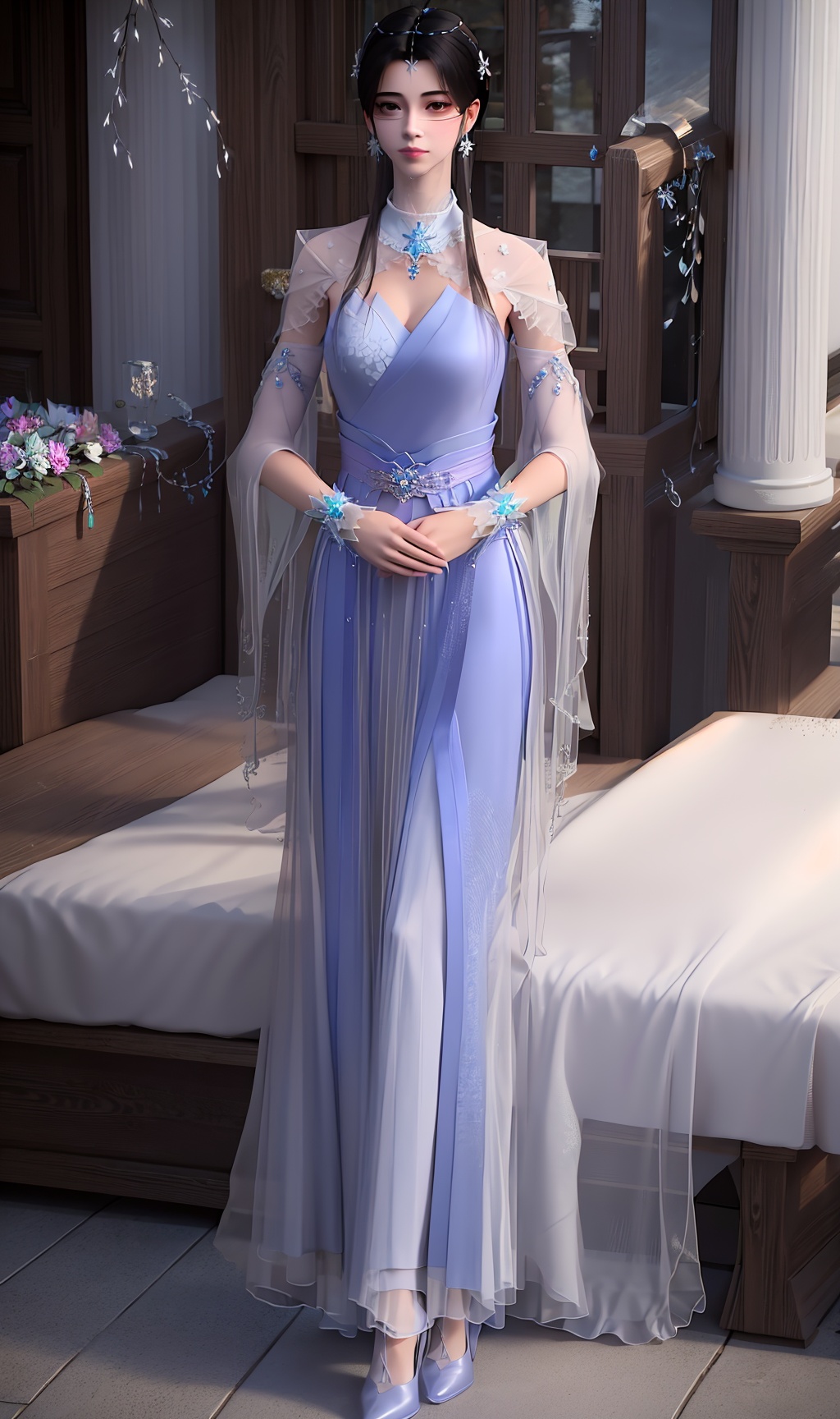 3D,masterpiece,(best quality),(makeup),official art, extremely detailed cg 8k wallpaper,((crystalstexture skin)), (extremely delicate and beautiful),(highly detailed),(1girl), (solo), (jewelry), (earrings),(black_hair),(long_hair),(hair_ornament),(handwear),(breasts),(standing),,(full_body),(whole_body),(dress), (skirt),(multicolored_clothes),(multicolored_dress),mask,(chinese_clothes),(adapted_costume), (sleeve),((closed_mouth)),(bracelet),((long_dress,long_skirt)),,((veil)),(sunshine, outdoor,bed),((looking_at_viewer)),((Facing the camera)),(shoes:1.000),(blue_shoes:1.000),, <lora:hipoly3DModelLora_v10:0.3>