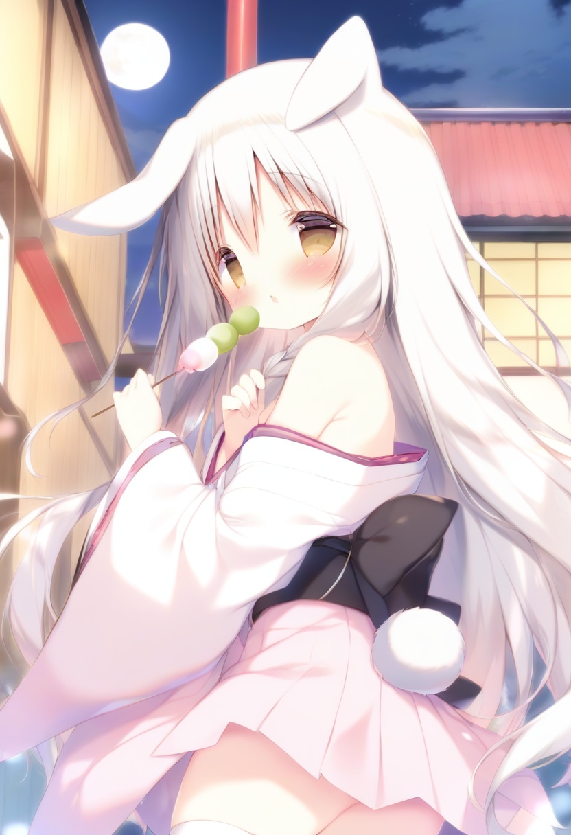 loli, 1girl, (shiratama (shiratamaco)),1girl, white kimono, kimono, full moon, solo, japanese clothes, moon, rabbit ears, night, animal ears, sky, food, off shoulder, holding food, night sky, wide sleeves, long hair, wagashi, holding, very long hair, blush, outdoors, hair between eyes, bangs, long sleeves, brown eyes, mochi, bare shoulders, cloud, looking at viewer, dango, rabbit tail, obi, hands up, white hair, breasts, sash, white socks, <lora:baiyu-000016:1>, masterpiece, best quality