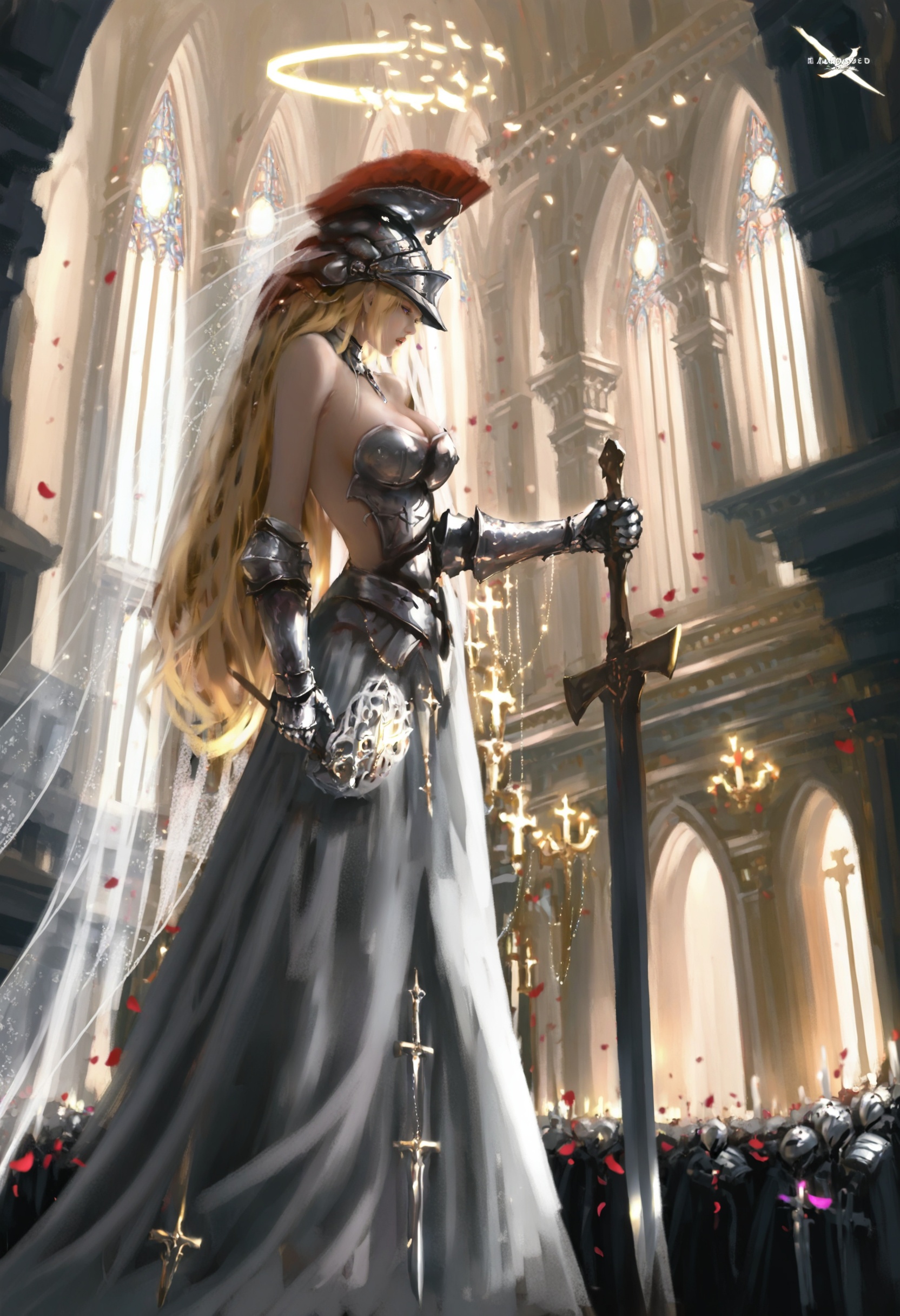 masterpiece, best quality,1girl,   solo, long hair, dress, holding, church, petals, helmet, veil, breasts, halo, flower, indoors, very long hair, standing, black veil, weapon, full body, from side, black dress, blonde hair, bare shoulders, purple eyes, parted lips, nun, gauntlets, candle, looking ahead, armor, sword, black flower, huge breasts, holding sword, window <lora:wlopXLlokr4f-000187:0.95>
