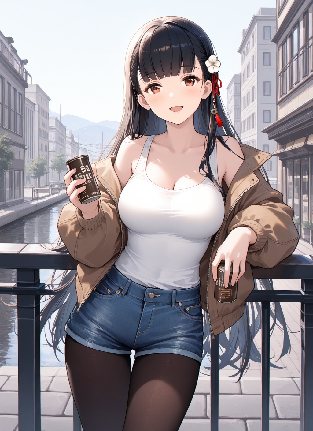 <lora:yat_sen_IL_v1.0:1>,yat sen \(azur lane\),denim shorts,pantyhose,**** top,jacket,fashion,outdoors,against railing,cowboy shot,holding canned coffee,smile,open mouth,, masterpiece,best quality,