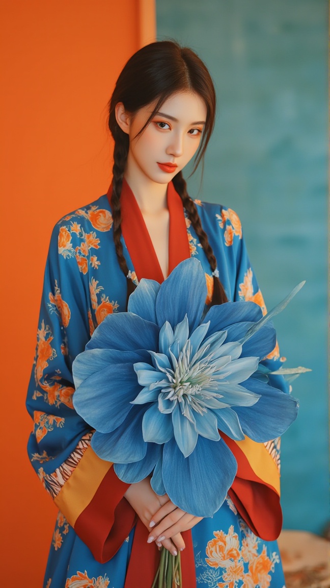 neomj,<lora:neomj古风v8_15:0.9>,A woman with braided hair and orange makeup is holding large,stylized blue flowers. She is wearing a blue and orange patterned robe with a red sash. The background consists of an orange panel and a blue-green panel.,