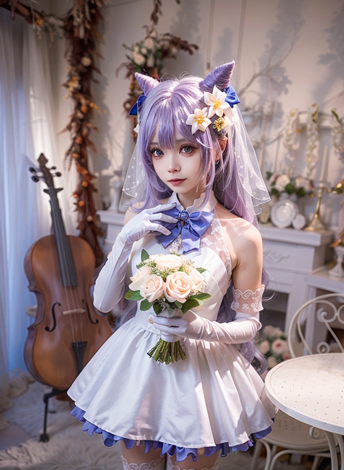 aiwest,1girl,cone hair bun,flower,gloves,dress,solo,purple hair,standing,keqing \(genshin impact\),elbow gloves,thighhighs,hair ornament,white dress,hair flower,long hair,white gloves,hair bun,purple eyes,bow,bowtie,veil,blurry background,sleeveless,blurry,looking at viewer,instrument,white thighhighs,bangs,chair,bare shoulders,wedding dress,bridal veil,frills,blue bow,double bun,Don't take anything,<lora:aiwest_20231231155804:0.7>,