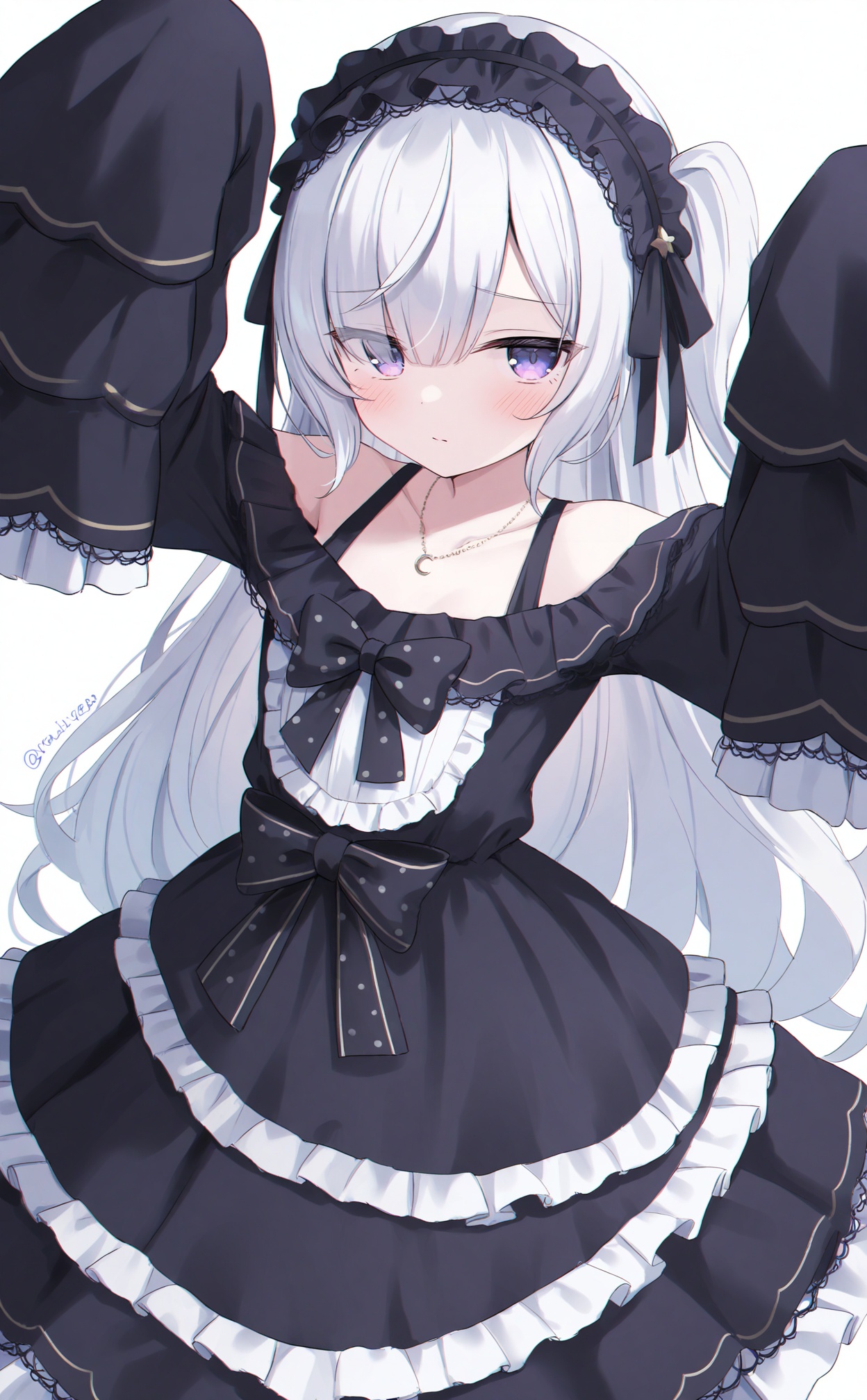 masterpiece,absurdres,best quality,loli,petite,high quality,chromatic_aberration,//,natsume_an-an, 1girl, dress, solo, long_hair, hair_over_one_eye, jewelry, purple_eyes, lolita_fashion, necklace, grey_hair, black_dress, gothic_lolita, sleeves_past_fingers, sleeves_past_wrists, white_background, frilled_dress, lolita_hairband, frills, off-shoulder_dress, simple_background, bow, off_shoulder, twitter_username, long_sleeves, very_long_hair, hairband, looking_at_viewer, frilled_hairband//,//,<lora:natsume_an-an——【noob】hans:0.5>,<lora:guizhencao2——【noob】hans:0.5>,