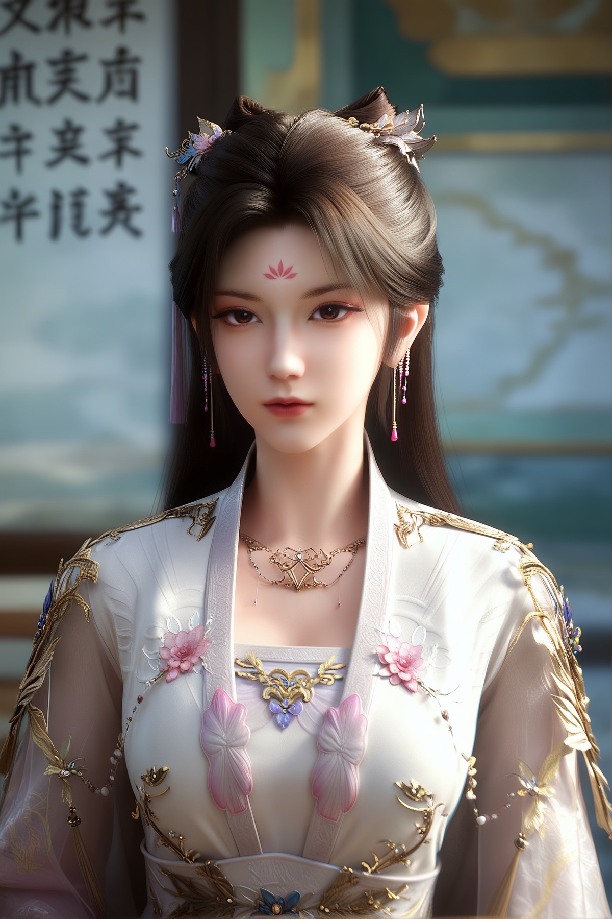 score_9,score_8_up,score_7_up,full_details,skindentation,hair_ornament,black hair,brown hair,brown eyes,forehead mark,<lora:wy_mengkeer_x_XL7.0:0.8>,1girl,solo,white dress,medium breasts,chinese clothes,wetting,dark,depth of field,solo,the white wall,indoor,