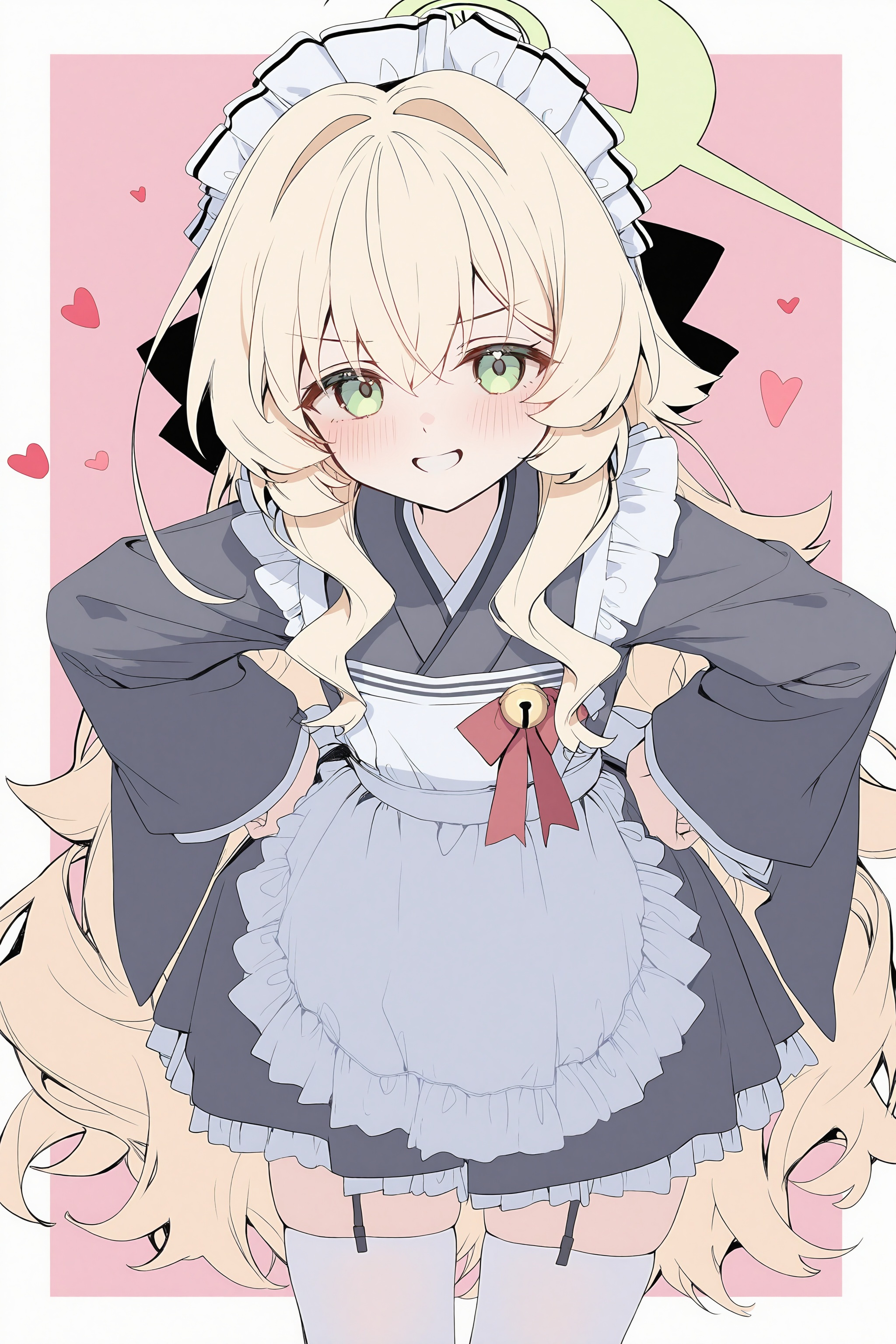 <lora:nai4.5zhengliu-ckxl0.2_v2:1>,high resolution,aesthetic,excellent,medium resolution,newest,year 2025,1girl,professor niyaniya\(blue archive\),solo,wa maid,maid,black kimono,long hair,maid headdress,apron,thighhighs,halo,white thighhighs,yellow halo,smile,white apron,japanese clothes,green eyes,kimono,looking at viewer,blonde hair,maid apron,frilled apron,garter straps,frills,heart,alternate costume,bell,blush,enmaided,grin,long sleeves,hair between eyes,white background,two-tone background,jingle bell,simple background,black dress,cowboy shot,hair flaps,very long hair,frilled kimono,pink background,green halo,hands on own hips,leaning forward,