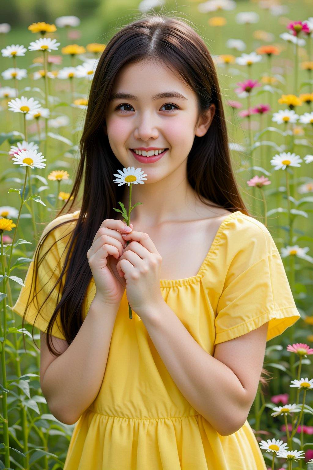 The image depicts a young Asian woman with long,  straight black hair and a warm,  friendly smile. She has almond-shaped e...