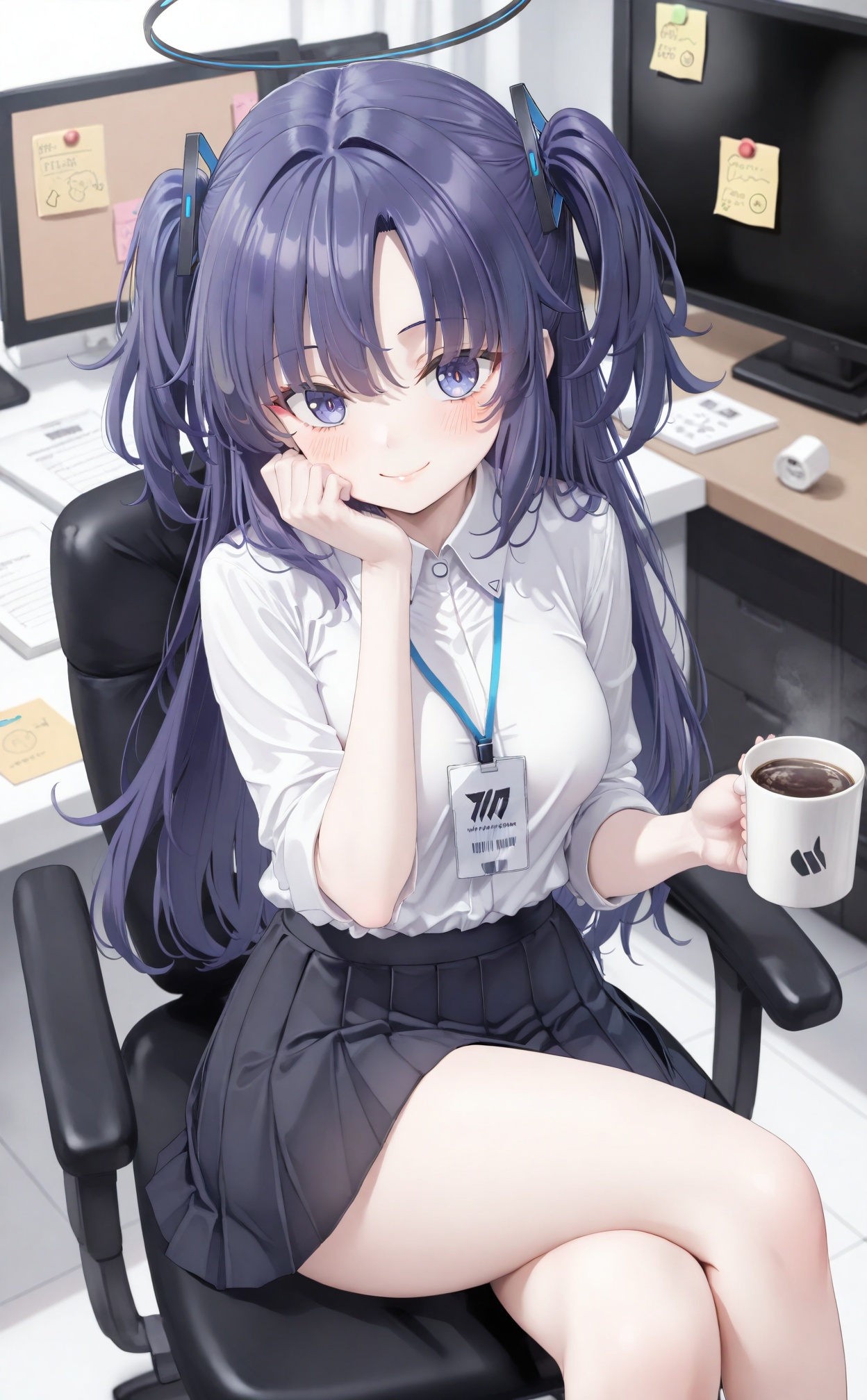 masterpiece,best quality,high quality,loli, 1girl, yuuka \(blue archive\), solo, halo, skirt, shirt, crossed legs, white shirt, sitting, black skirt, looking at viewer, breasts, cup, mechanical halo, two side up, long hair, purple hair, holding, thighs, monitor, indoors, large breasts, closed mouth, mug, chair, shirt tucked in, swivel chair, feet out of frame, pleated skirt, purple eyes, office chair, id card, head rest, smile, holding cup, blush, on chair, sticky note, elbow rest, miniskirt, sleeves rolled up, collared shirt,<lora:pvc3——【Illustrious】hans:0.6>,