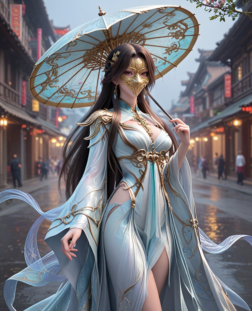 (oriental architecture, elegant decor, sophisticated style:1.1),Standing on a city street, holding an umbrella in the rain, looking upward,,(breasts:1.2),<lora:XL16完美世界狠人大帝:0.95>,miss henren,white high-slit corset gown,brown eyes,black hair,very long hair,long front strands,earrings,jewelry,wide flowing sleeves,hagoromo,bronze mask,, zPDXL2, score_9, score_8_up, score_7_up BREAK realistic, masterpiece,best quality, highly detailed,, zPDXL3, zPDXL2,zPDXL, zPDXLxxx, zPDXLrl,