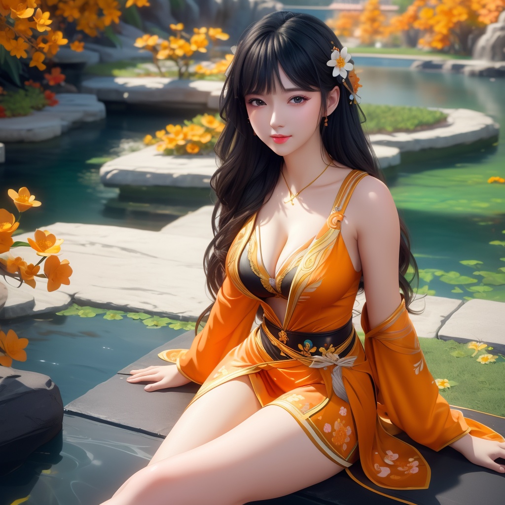 <lora:739-DA-斗破苍穹-慕青鸾:0.8>, (,1girl, ,best quality, ),looking at viewer,  ,ultra detailed background,ultra detailed background,ultra realistic 8k cg,, ,masterpiece, (( , )),, ,      ,  orange blossoms,  (cleavage), (), ,,