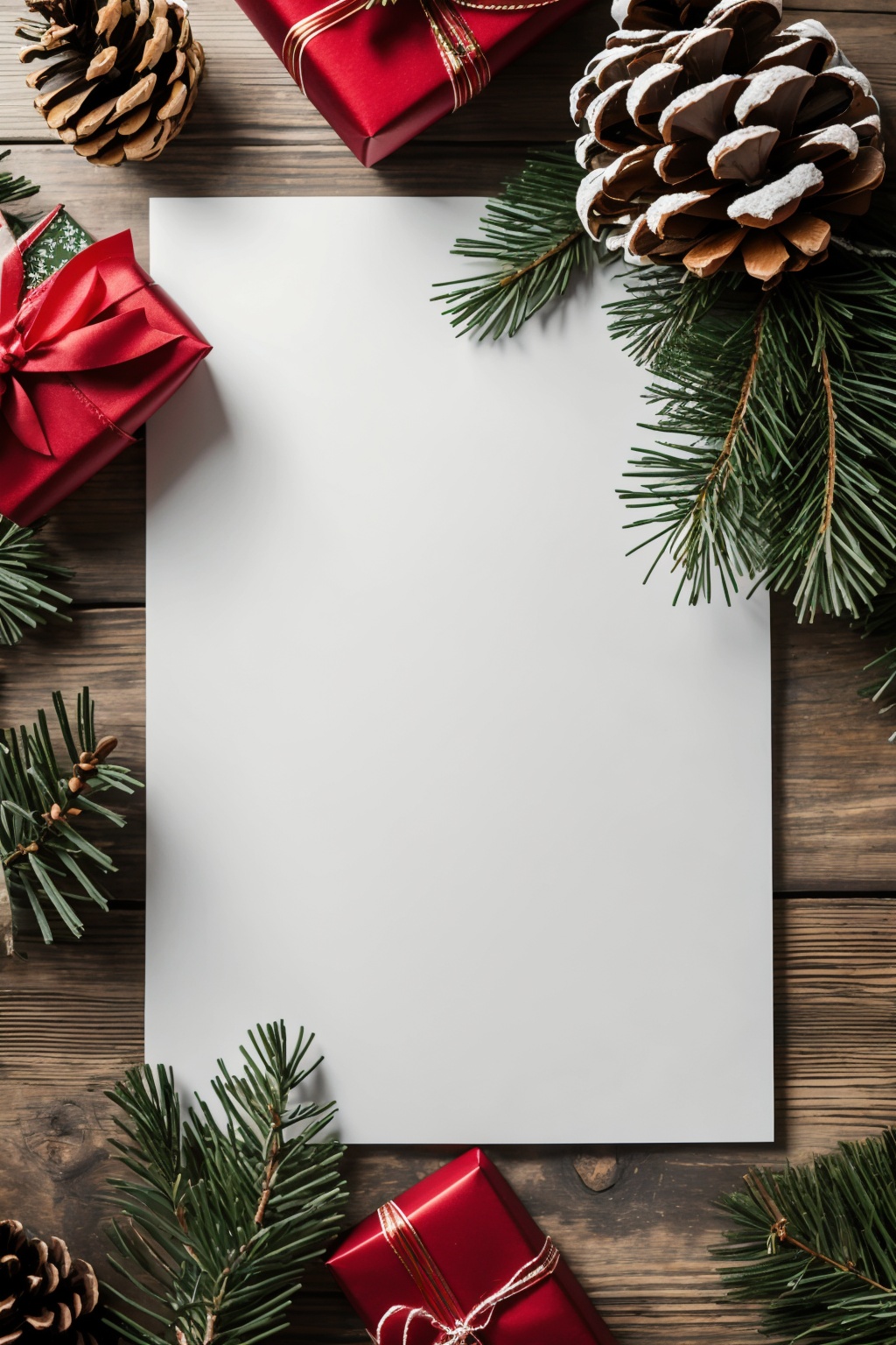 Still life photography,a rustic setting with a blank card or sheet placed centrally. Adjacent to the card,there are pine branches,pinecones,and a wrapped gift box. The backdrop has a dark,textured surface,giving a warm,festive vibe,likely evoking the spirit of the holiday season,, masterpiece,best quality,