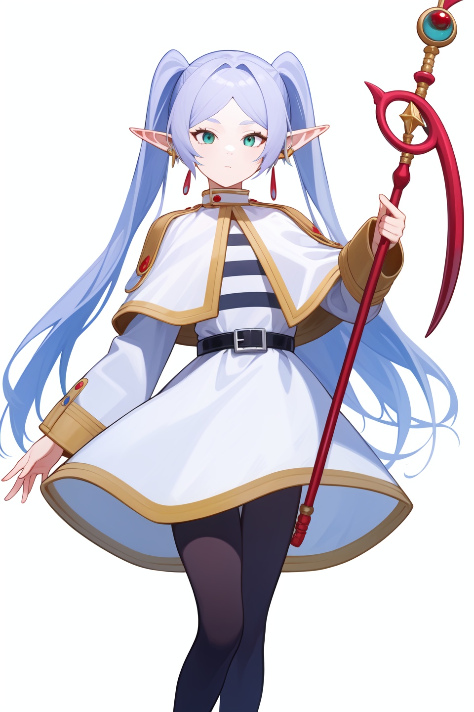 <lora:芙莉莲:1:lbw=char>,fulilian,1girl,twintails,earrings,long sleeves,white capelet,best quality,white dress,black pantyhose,high quality,belt,holding staff,blue flower,, (masterpiece,best quality,high quality:1.4),absurdres,