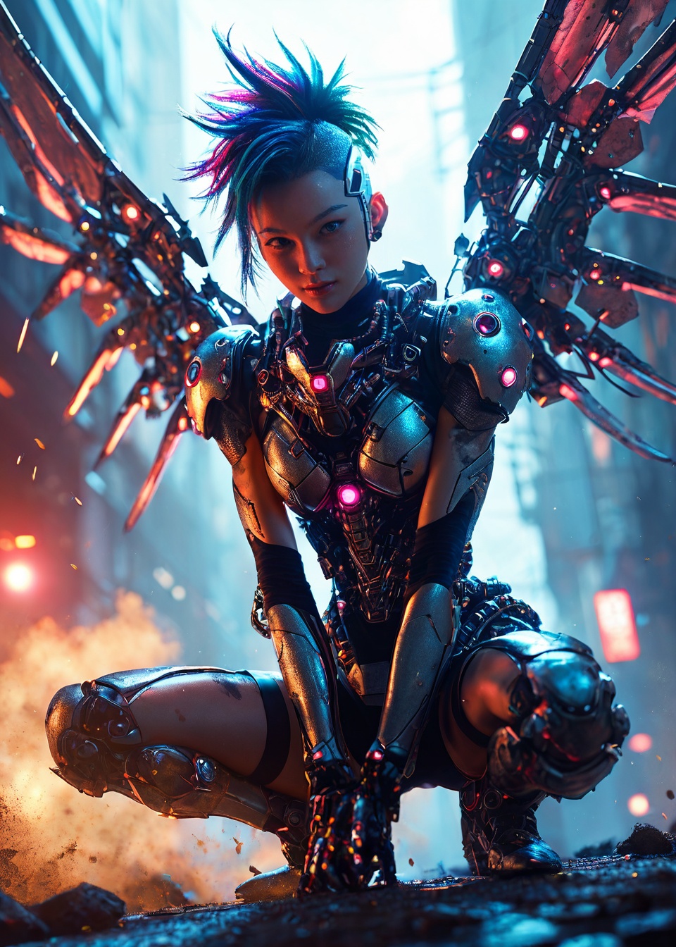 1female,alien cyborg,mechanical angle wings,egzoskeleton armor,robotic parts,cyber punk dim light,cine still,dutch angle,squat,close shot,rust,dust,epic,vibrant,.score_9,score_8_up,score_7_up,score_6_up,rating_safe,