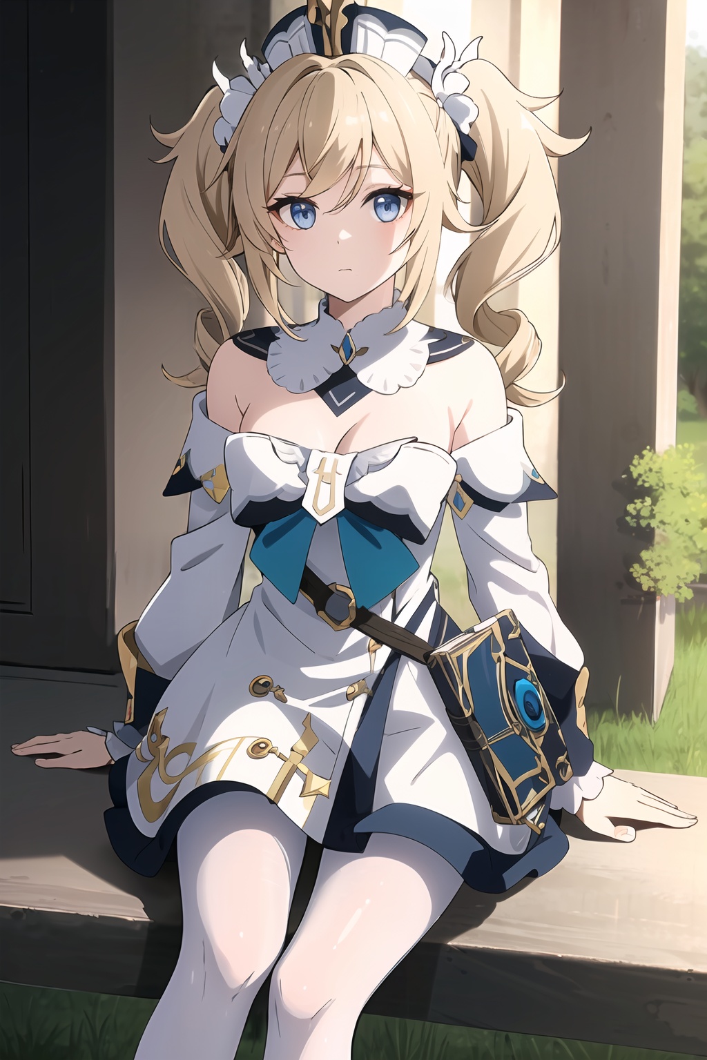 (masterpiece, best quality:1.2),insanely detailed,absurdres,ultra-highres,ultra-detailed,best quality,slender,kawaii,perfect symmetrical face,ultra cute girl,ultra cute face,ultra detailed eyes,ultra cute,ultra beautifu,<lora:barbara-000001:1>,barbara\(Innocent Longing\)\(genshin impact\),barbara \(genshin impact\),1girl,solo,white dress,blue eyes,twintails,hat,standing,blonde hair,white pantyhose,book,black footwear,cross,long sleeves,detached sleeves,twin drills,neck ring,bare shoulders,breasts,outdoors,sitting,