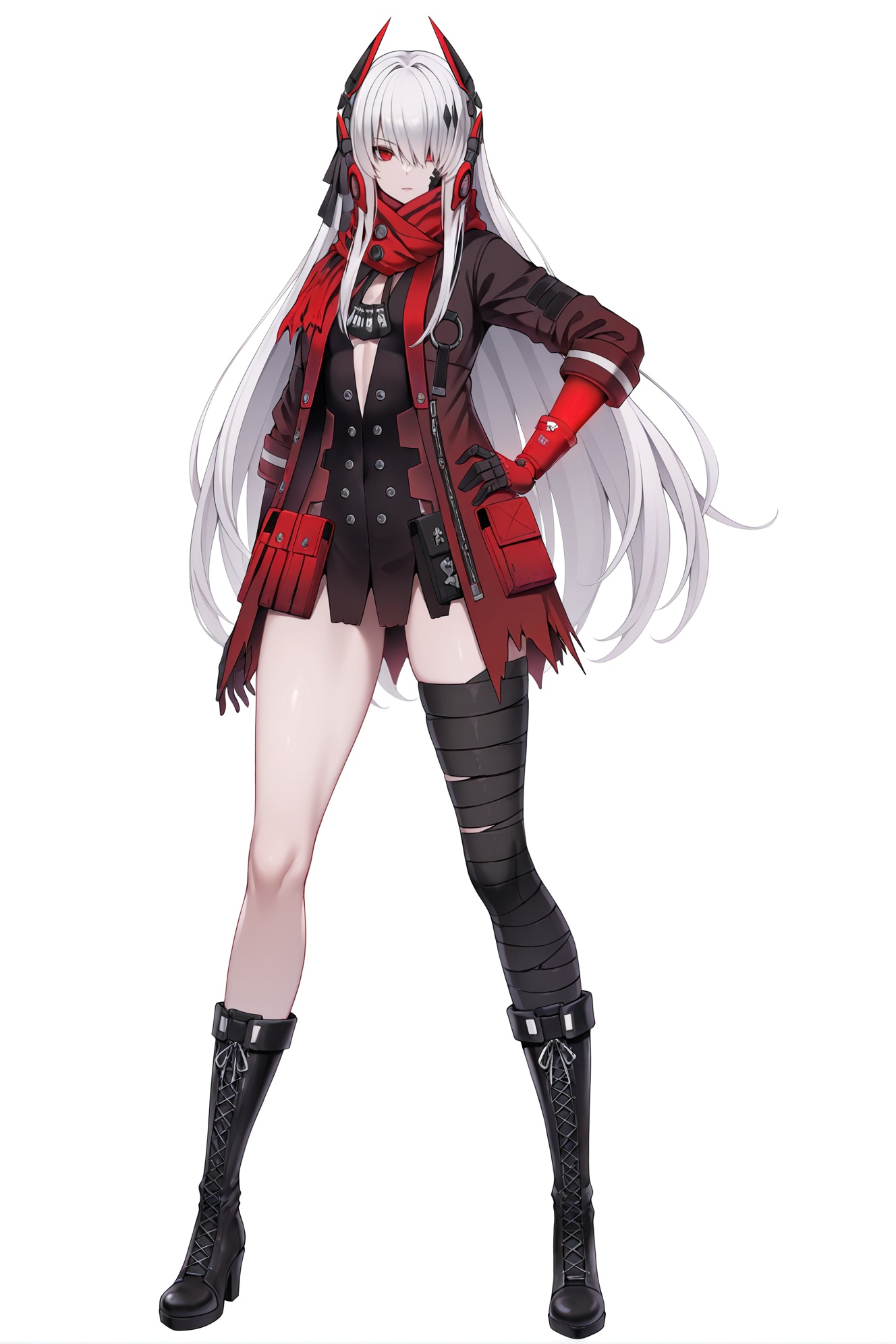 best quality,masterpiece,(ultra-detailed),(high detailed skin),full body,looking at viewer,(solo:1.2),simple background,(white background:1.2),hand on own hip,(white background:1.1),solo,<lora:luciaCA-ill-Tanger:0.8>,Lucia \(Crimson Abyss\), clothes: Crimson Abyss def clothes, 1girl, long hair, red eyes, red scarf, boots, red gloves, bandaged leg, black footwear